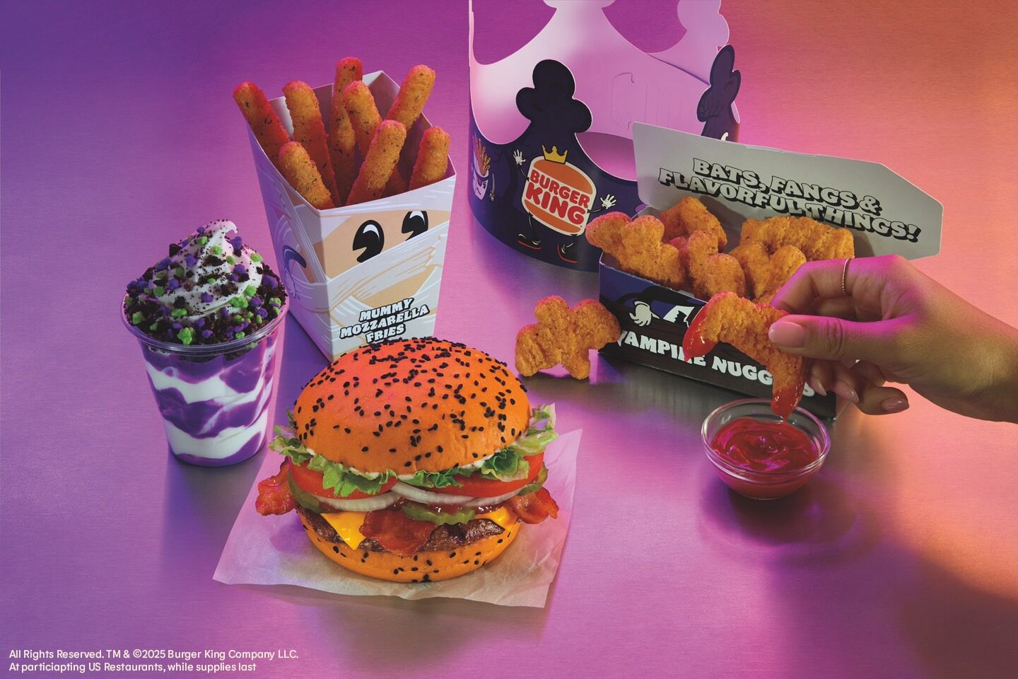 The 'Monster Menu' includes the Jack-O-Lantern Whopper, Vampire Nuggets, mozzarella sticks that come in a mummy-themed box and the Franken-Candy Sundae