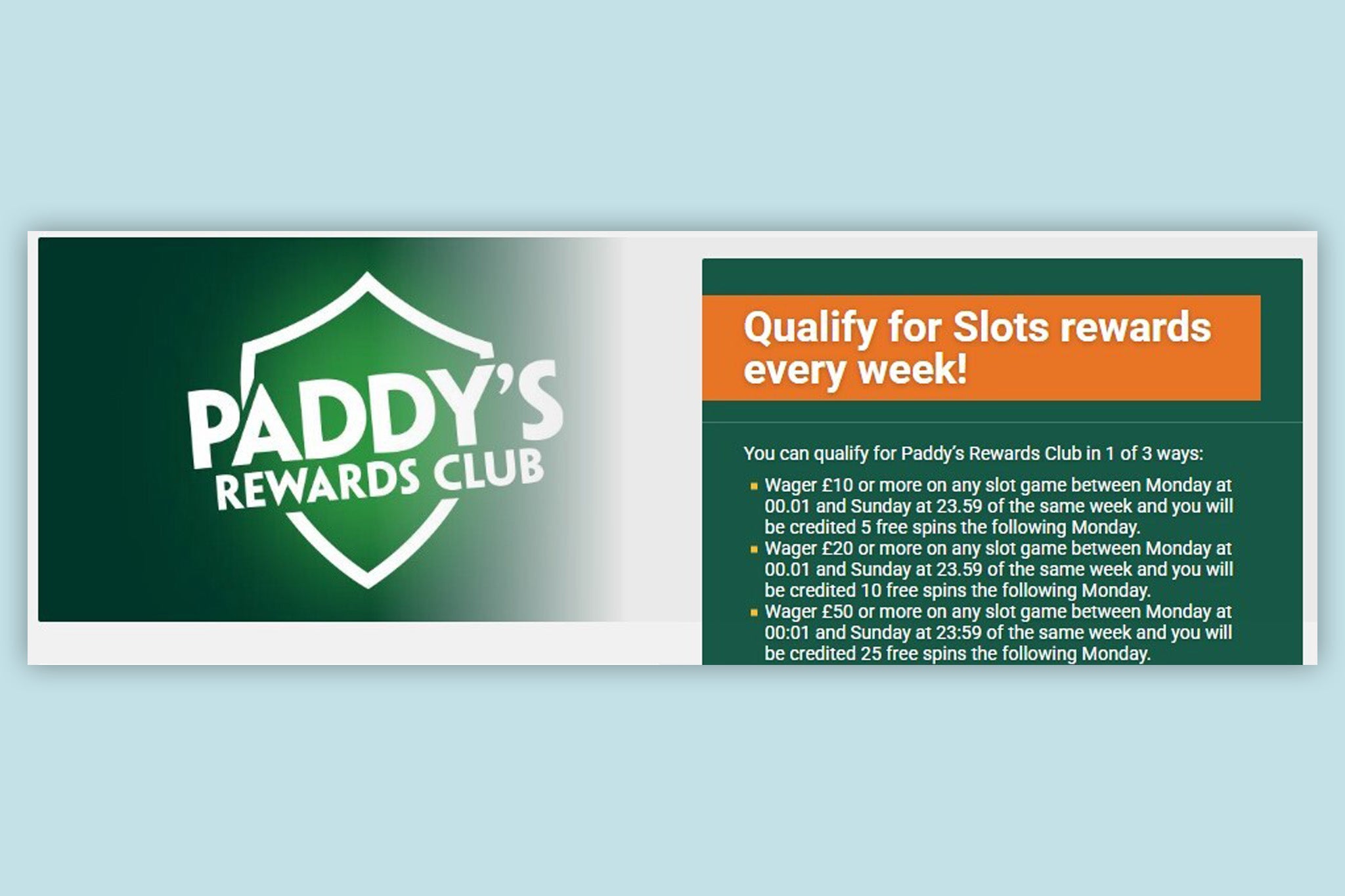 Paddy’s Rewards Club hands out up to 25 free spins each week to online slot players