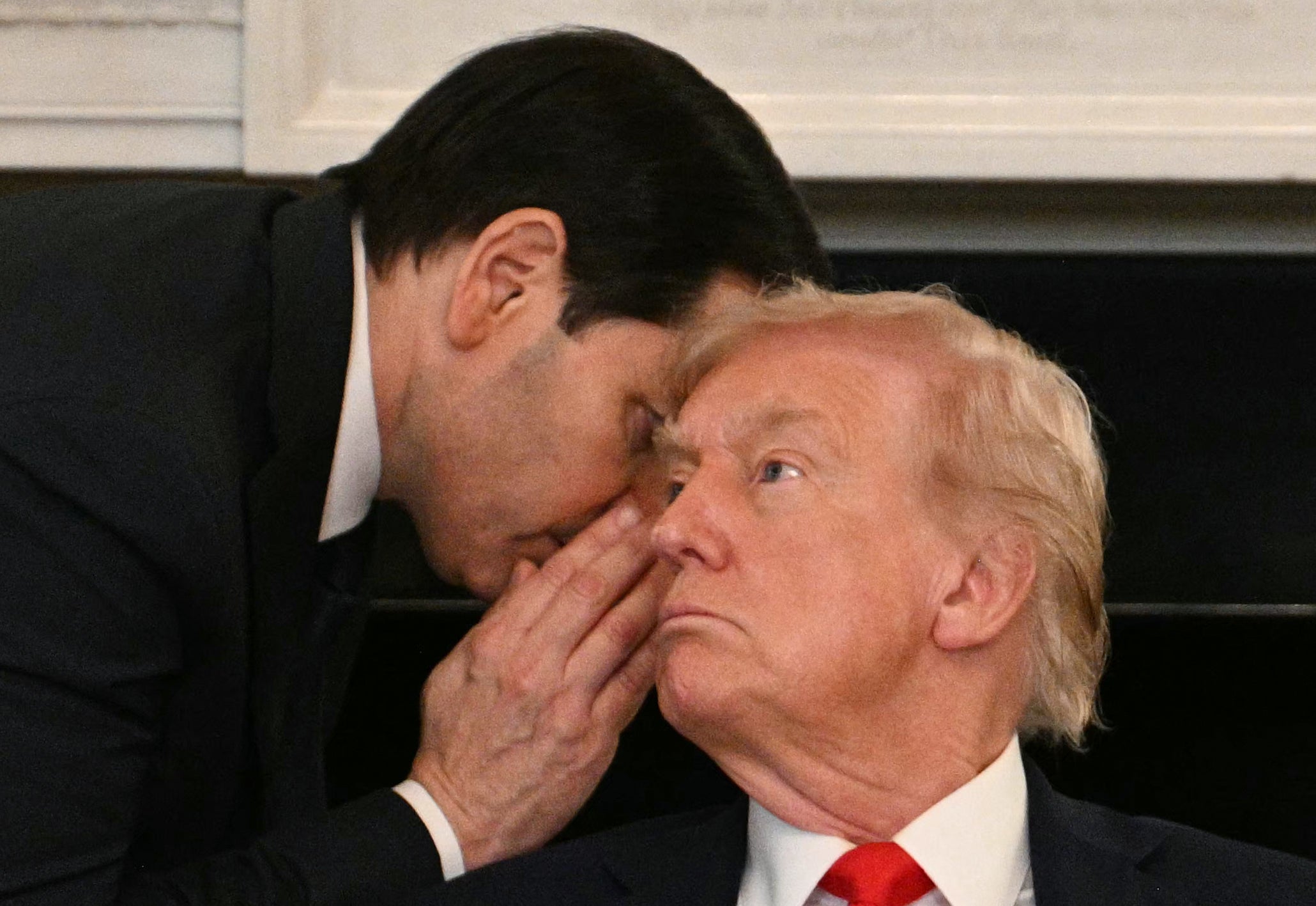 Marco Rubio whispers in Trump’s ear during a roundtable about Antifa
