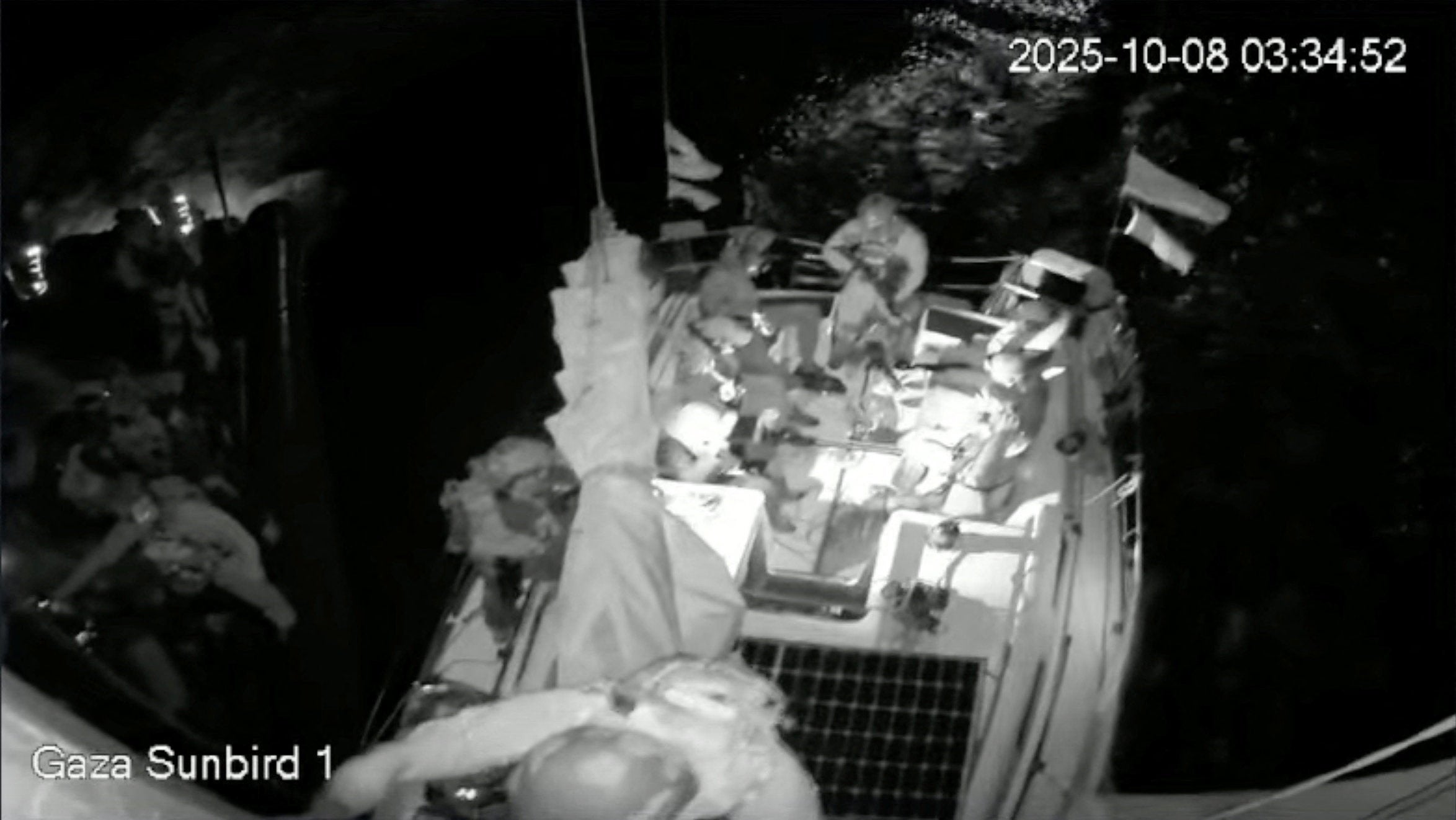 A screengrab from a live footage video shows Israeli security forces intercepting a Gaza-bound vessel