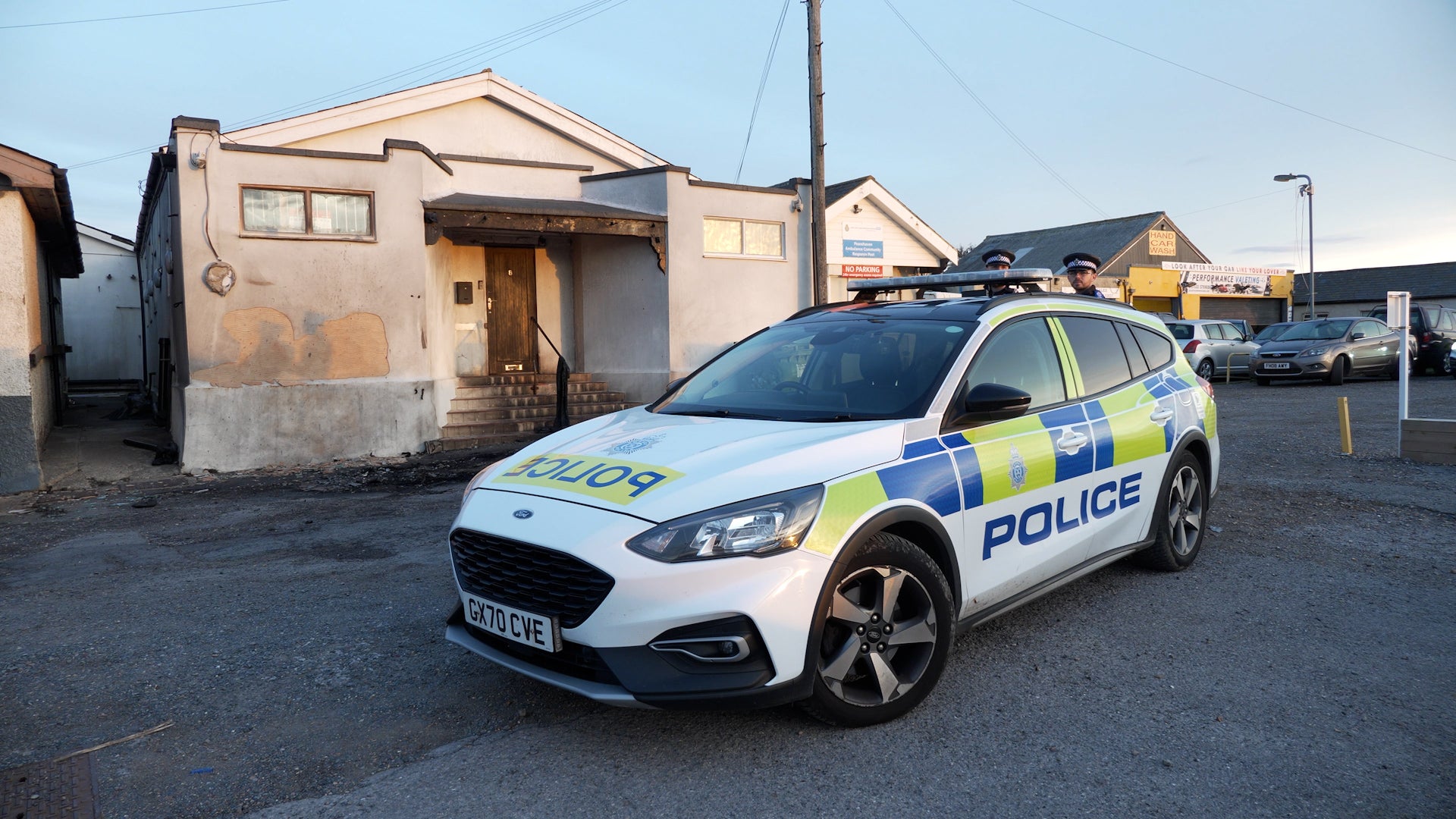 Damage outside the front entrance of the mosque in Phyllis Avenue, Peacehaven, East Sussex, following a suspected arson attack