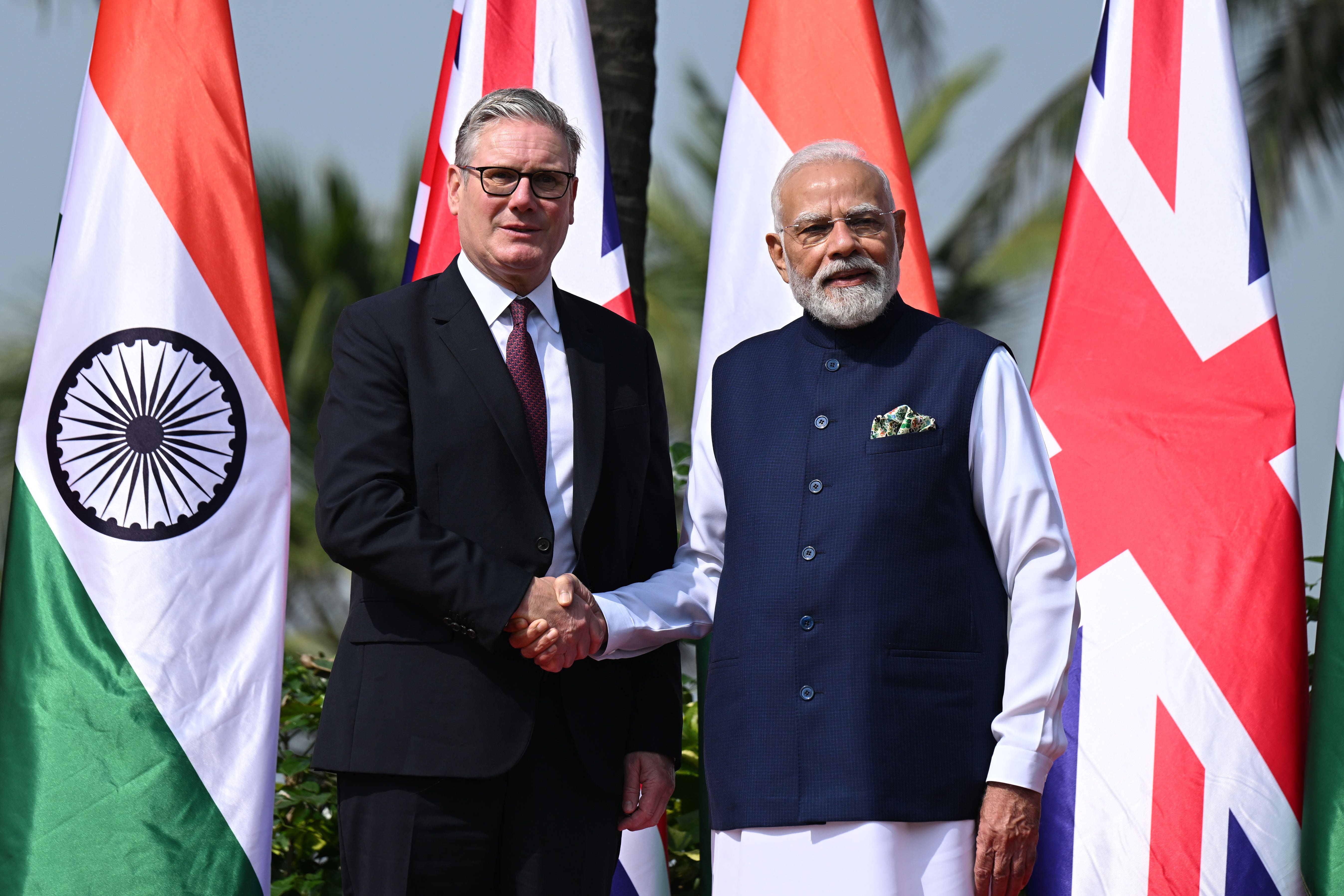 Sir Keir Starmer is greeted by Narendra Modi on his arrival at Raj Bhavan, in Mumbai, ahead of a bilateral meeting (Leon Neal/PA)