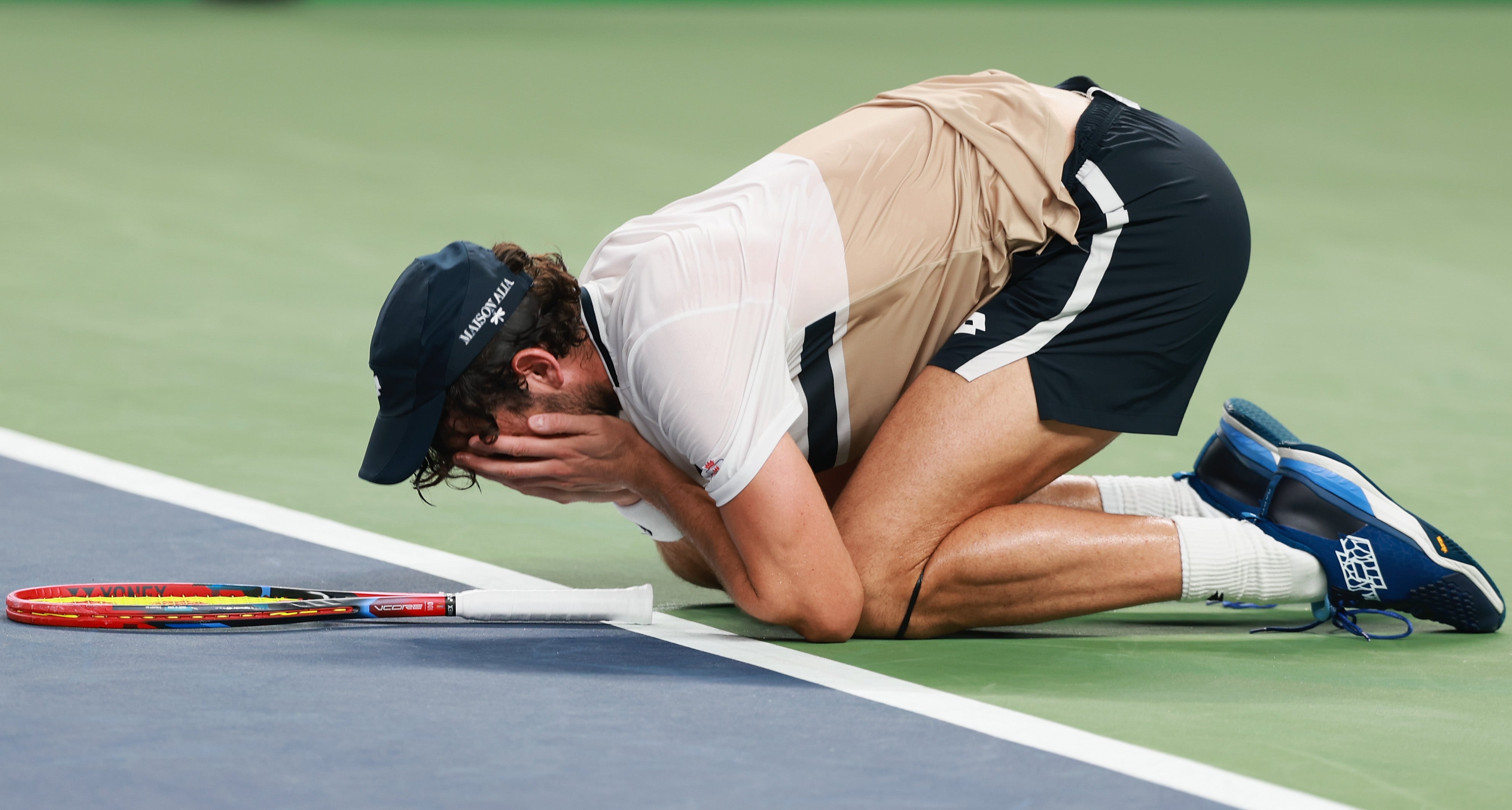 Valentin Vacherot celebrates after his match against Holger Rune