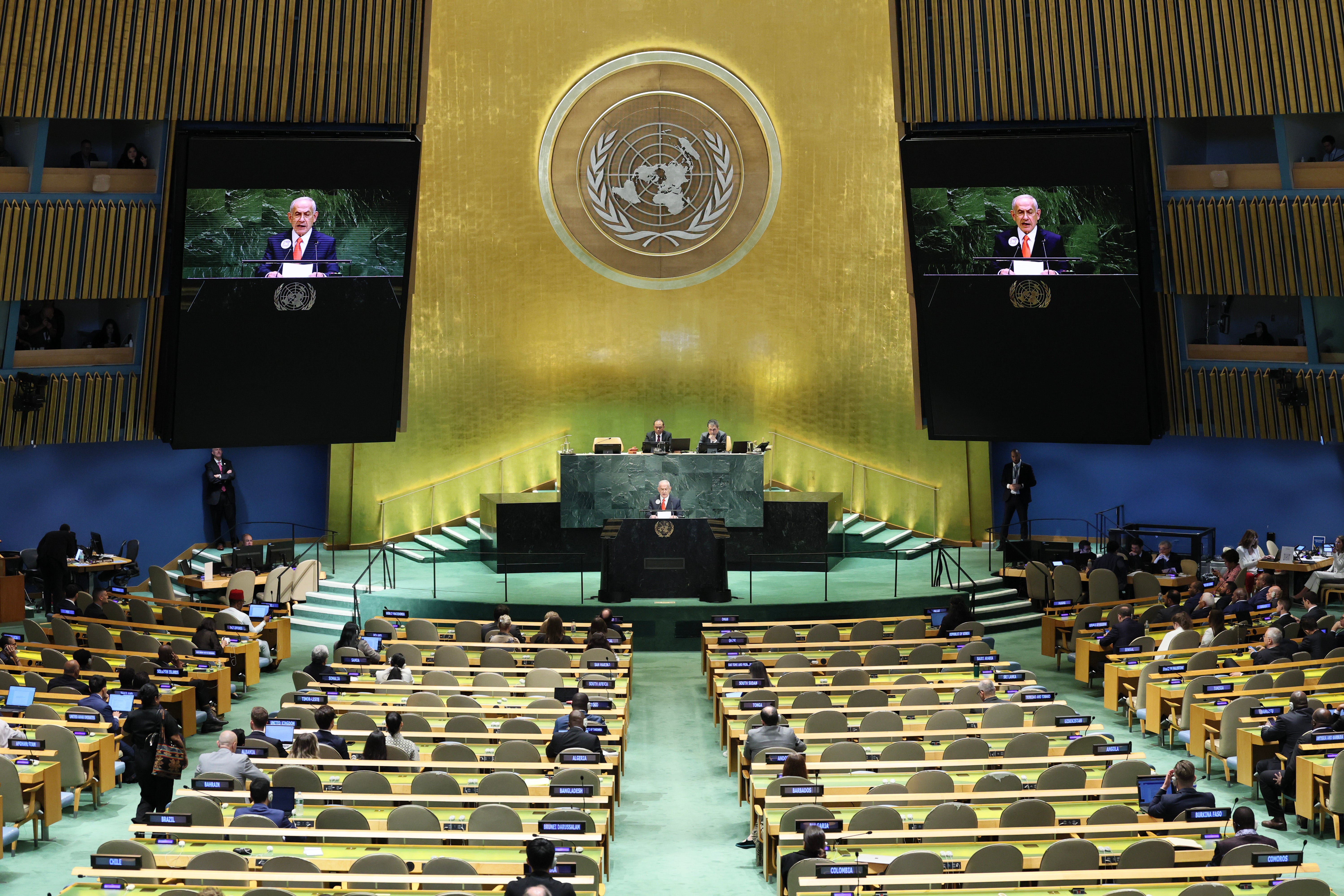 Netanyahu addressing an almost empty UN General Assembly last month after delegates staged a mass walkout