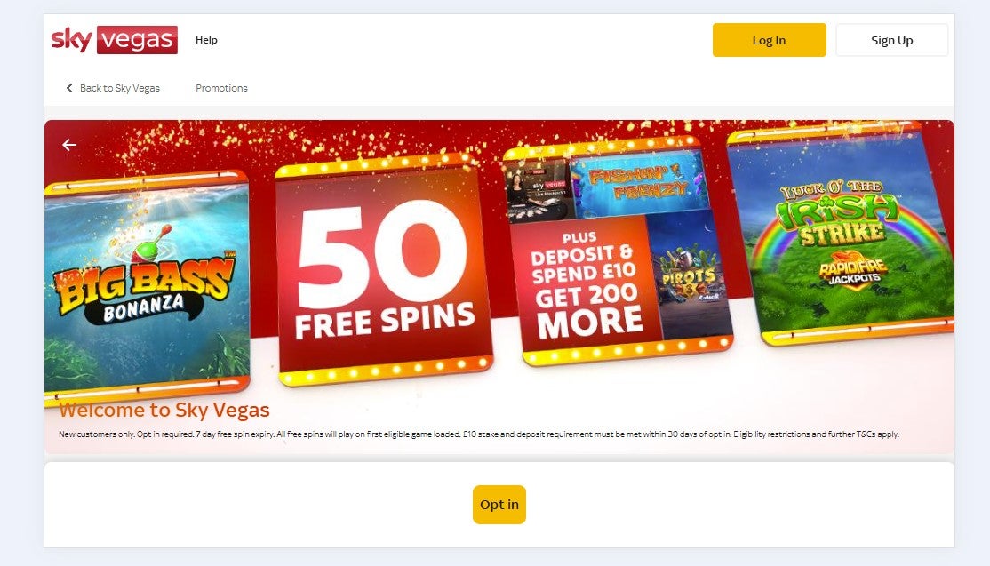 The Sky Vegas welcome offer provides free spins with no deposit required