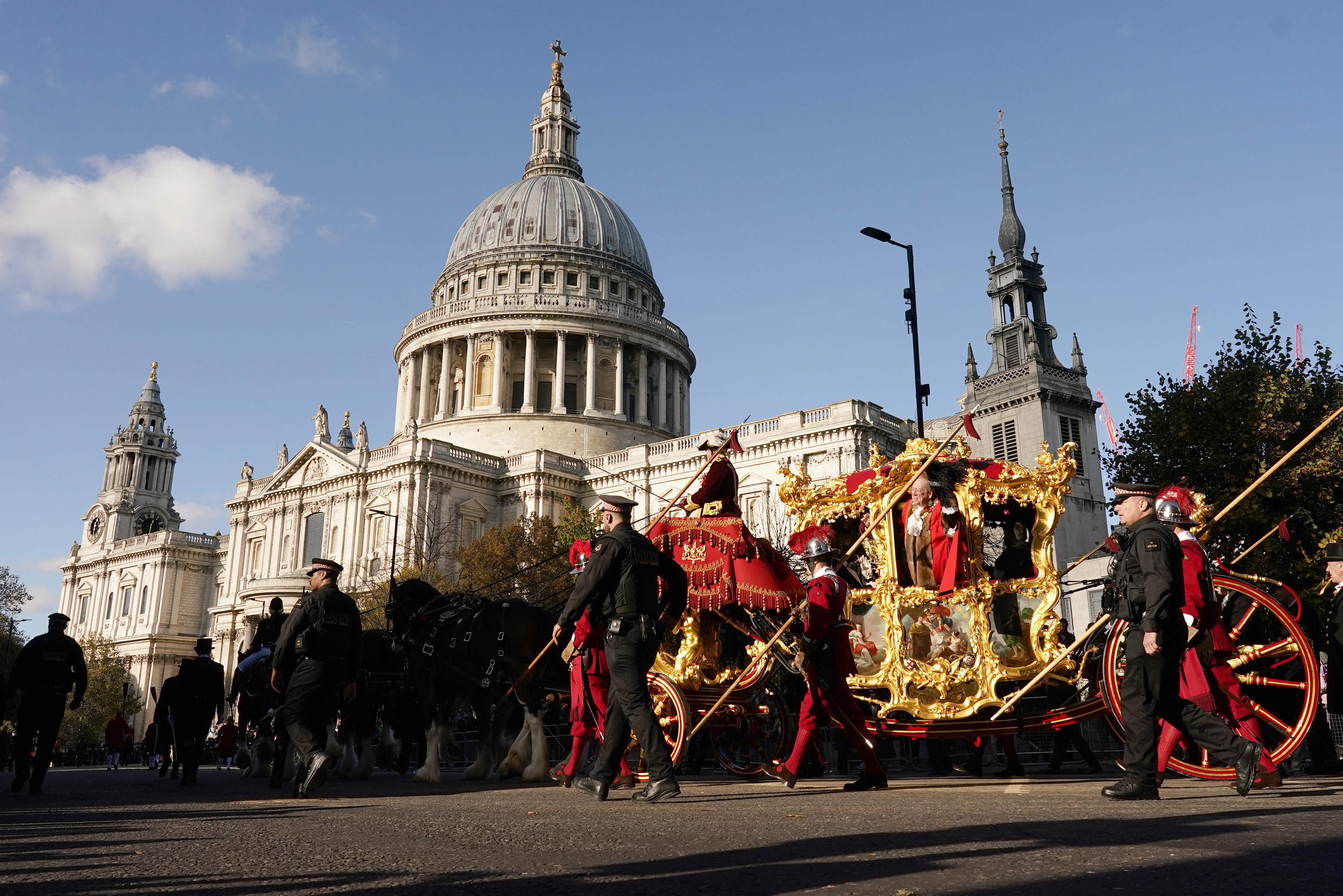 Michael Mainelli, the 695th Lord Mayor of the City of London, in the State Coach passing St Paul’s Cathedral during the Lord Mayor’s Show in 2023 (Aaron Chown/PA)