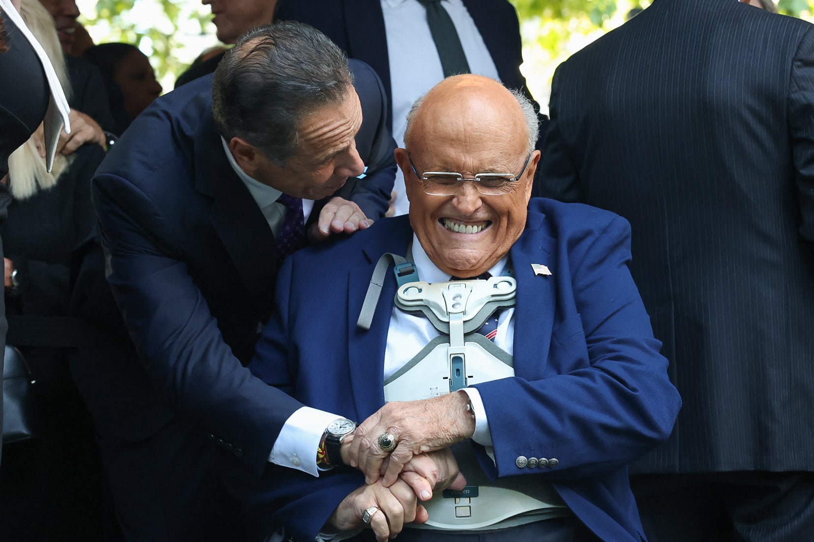 Former New York City mayor Rudy Giuliani sports a chest brace as he attends the 9/11 Commemoration Ceremony at Ground Zero on the 24th anniversary of the attacks on the World Trade Center in New York City