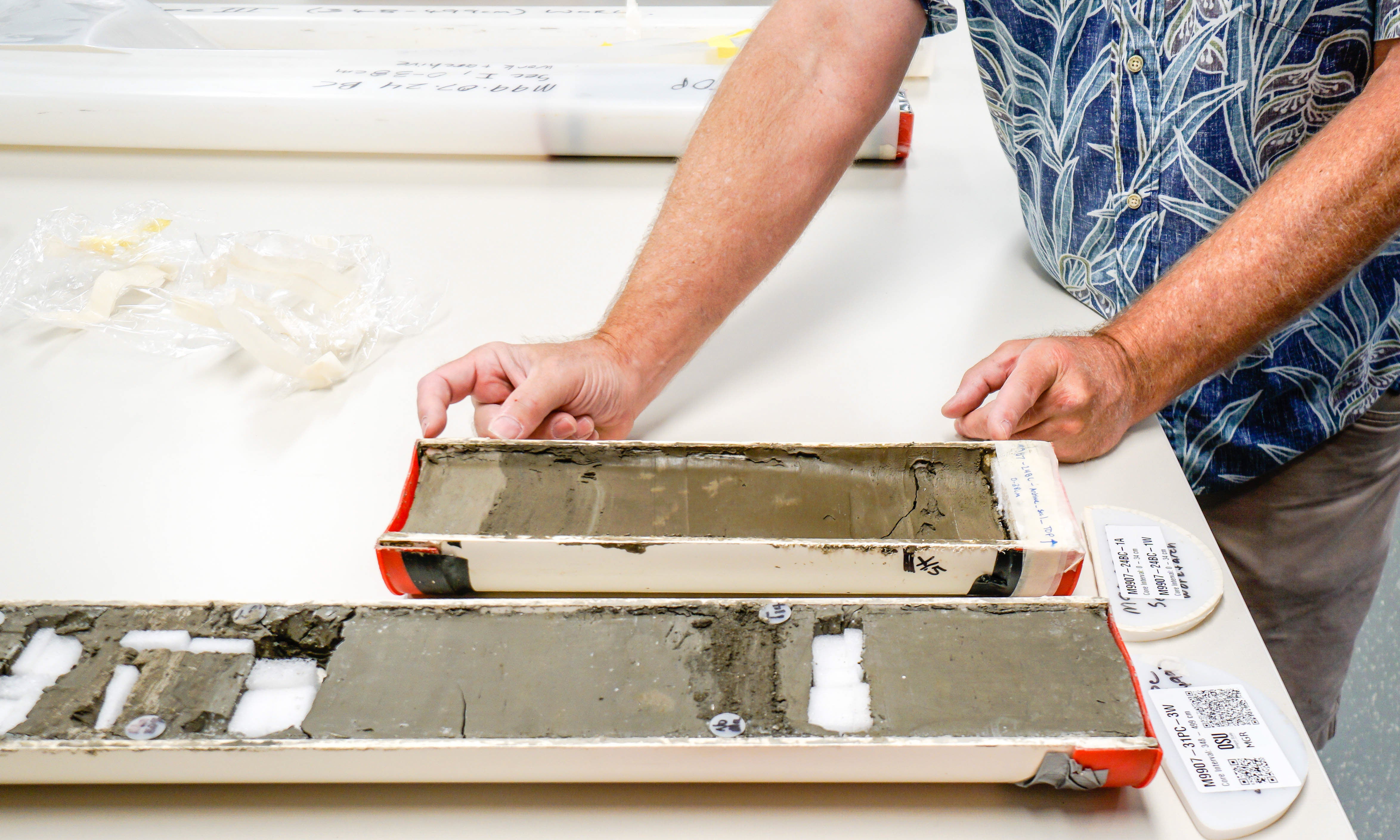 Chris Goldfinger, a marine geologist at Oregon State University, is seen with one of his sediment cores. The cores revealed the connection between the faults