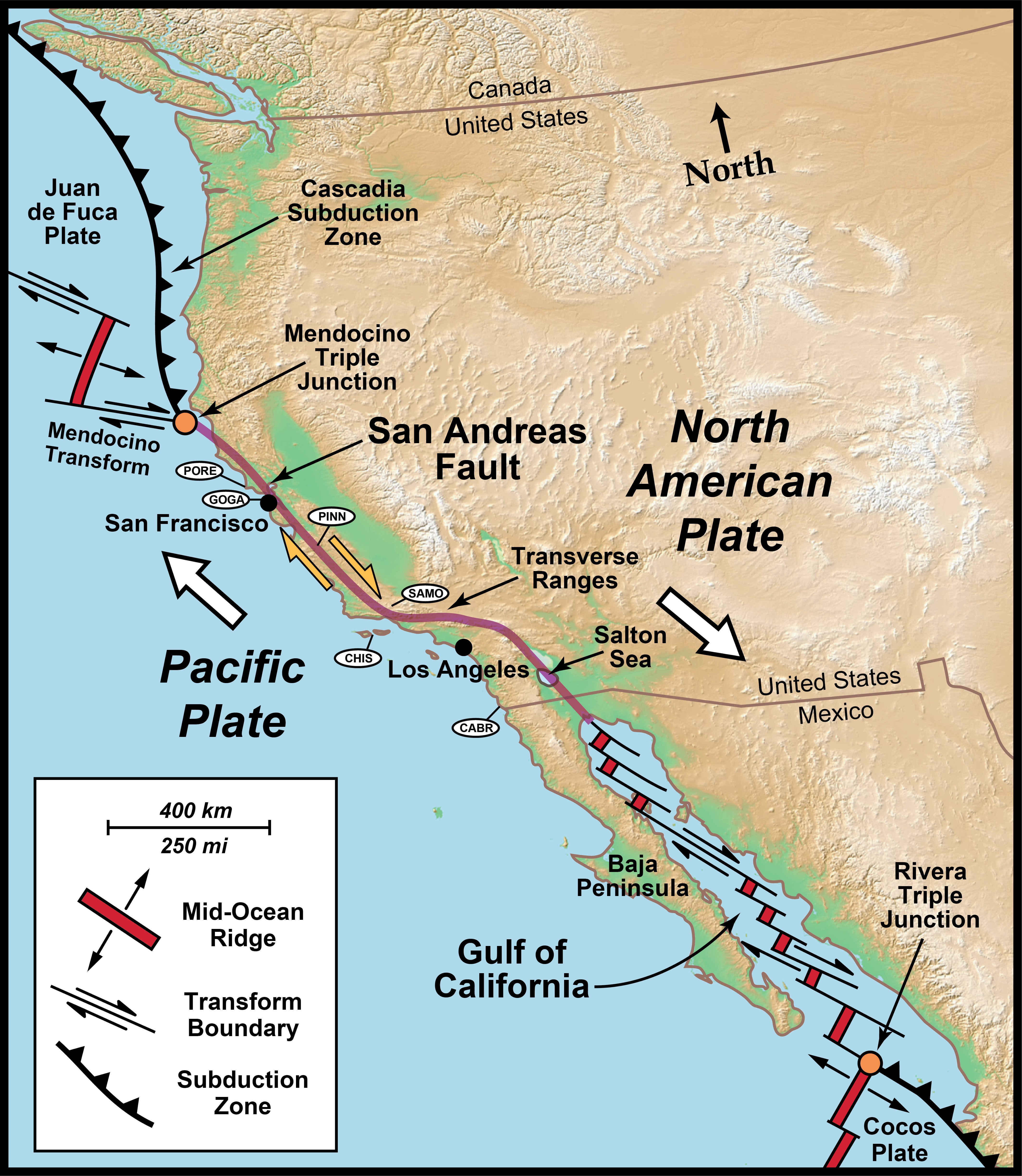 A map shows the San Andreas fault and Cascadia Subduction Zone off the West Coast