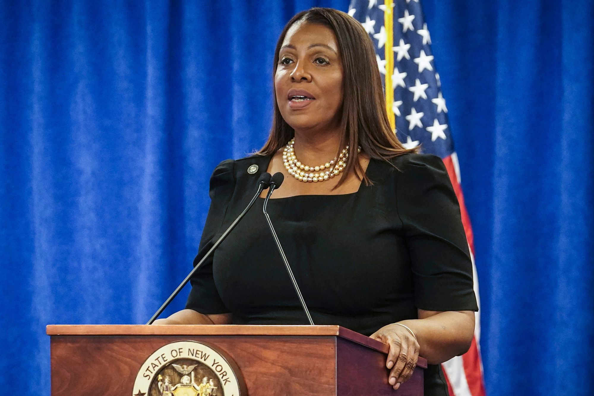 Letitia James speaking at a press briefing in February 2024