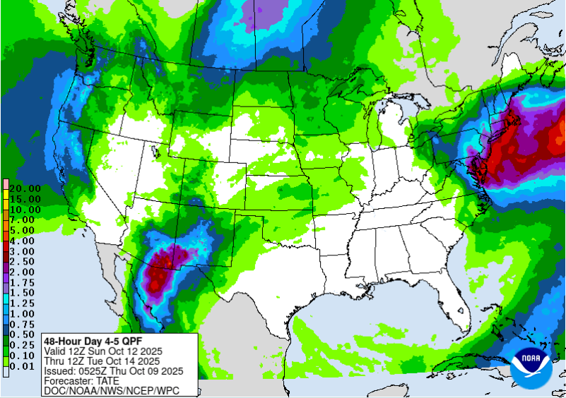 NOAA’s 48-hour precipitation forecast shows heavy rainfall in California and the Southwest between 12 and 14 October, as remnants of Typhoon Halong feed into a Pacific storm system