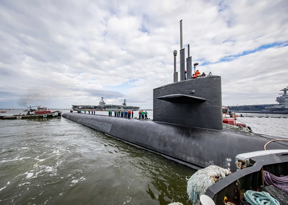 The Ohio-class ballistic-missile submarine USS Wyoming approaches Norfolk, Virginia