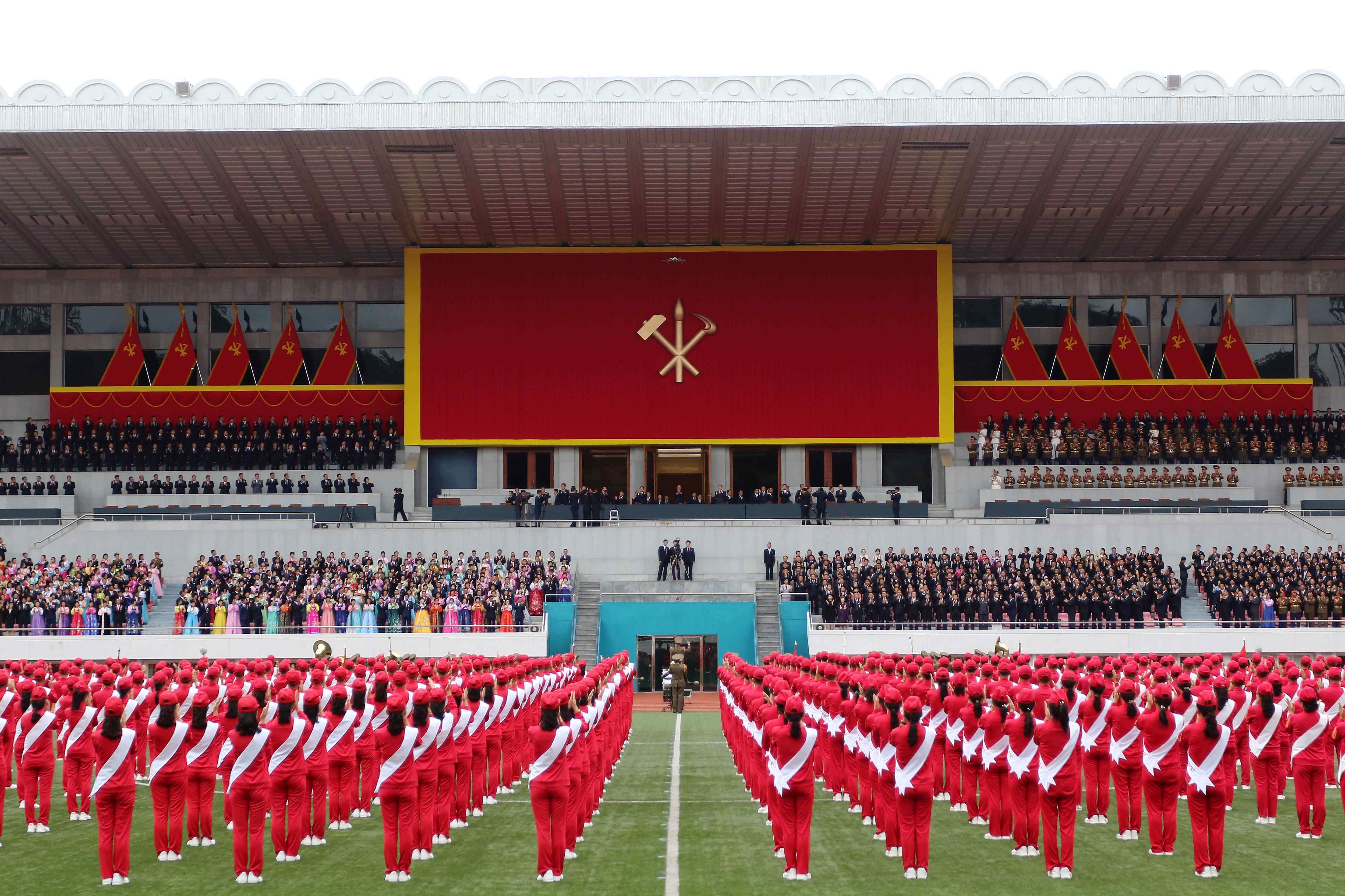 A meeting of presenting letters of loyalty to their leader Kim Jong Un is held at Kim Il Sung Stadium in Pyongyang, North Korea Tuesday, 7 Oct 2025, on the occasion of the 80th anniversary of the founding of North Korea's ruling Worker's Party of Korea. (AP Photo/Jon Chol Jin)