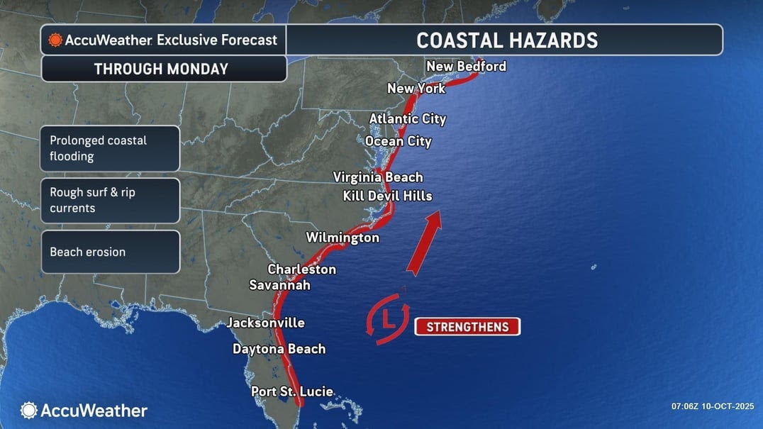Coastal hazards extend from Florida into Massachussetts through Monday. Some areas from Virginia to New Jersey could see up to three feet of storm surge