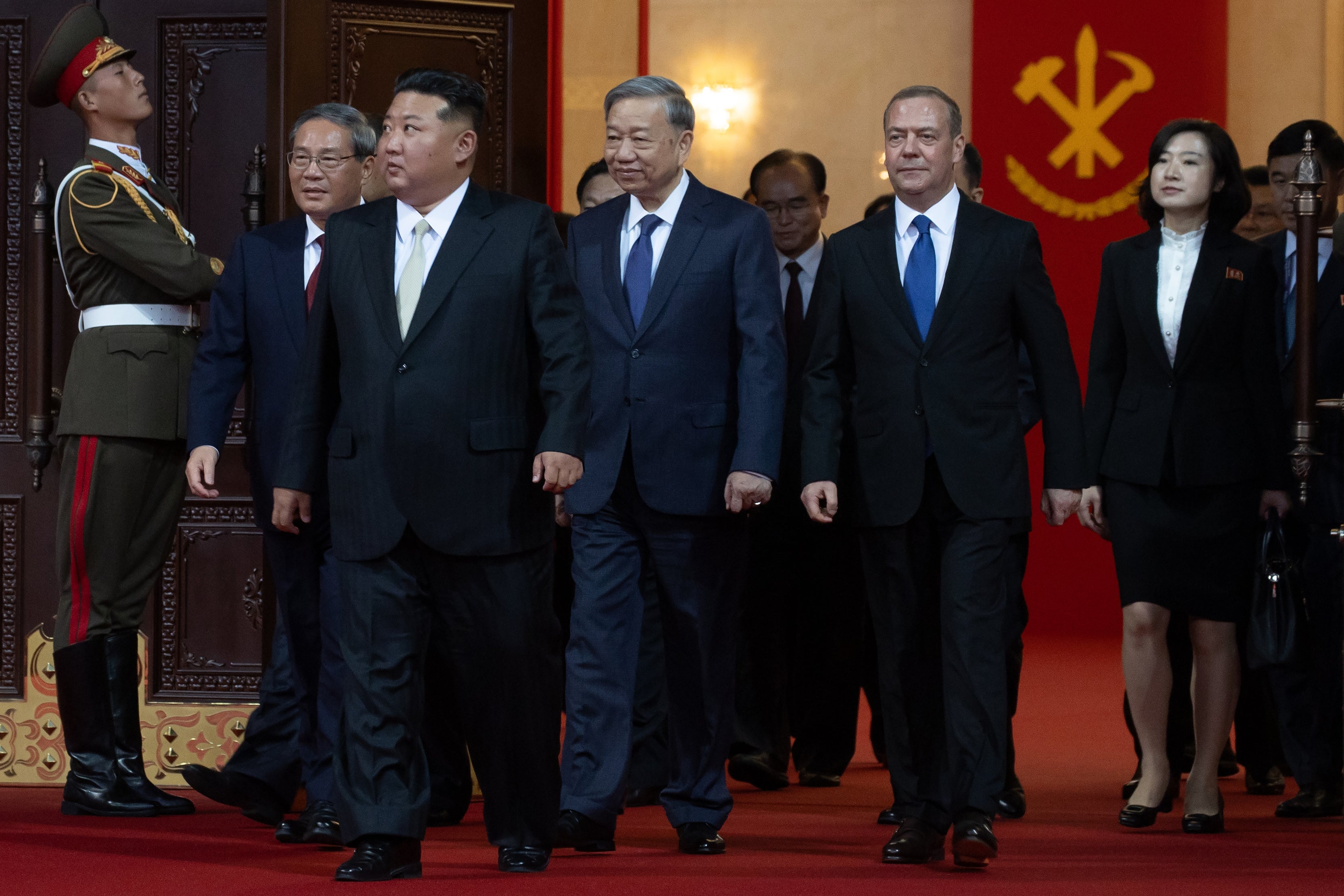 From left, Vietnamese Communist Party General Secretary To Lam, North Korean leader Kim Jong Un, Chinese Premier Li Qiang and Russian Security Council Deputy Chairman and the head of the United Russia party Dmitry Medvedev attend a reception marking the 80th anniversary of the ruling Workers’ Party in Pyongyang, North Korea, Friday, 10 Oct 2025