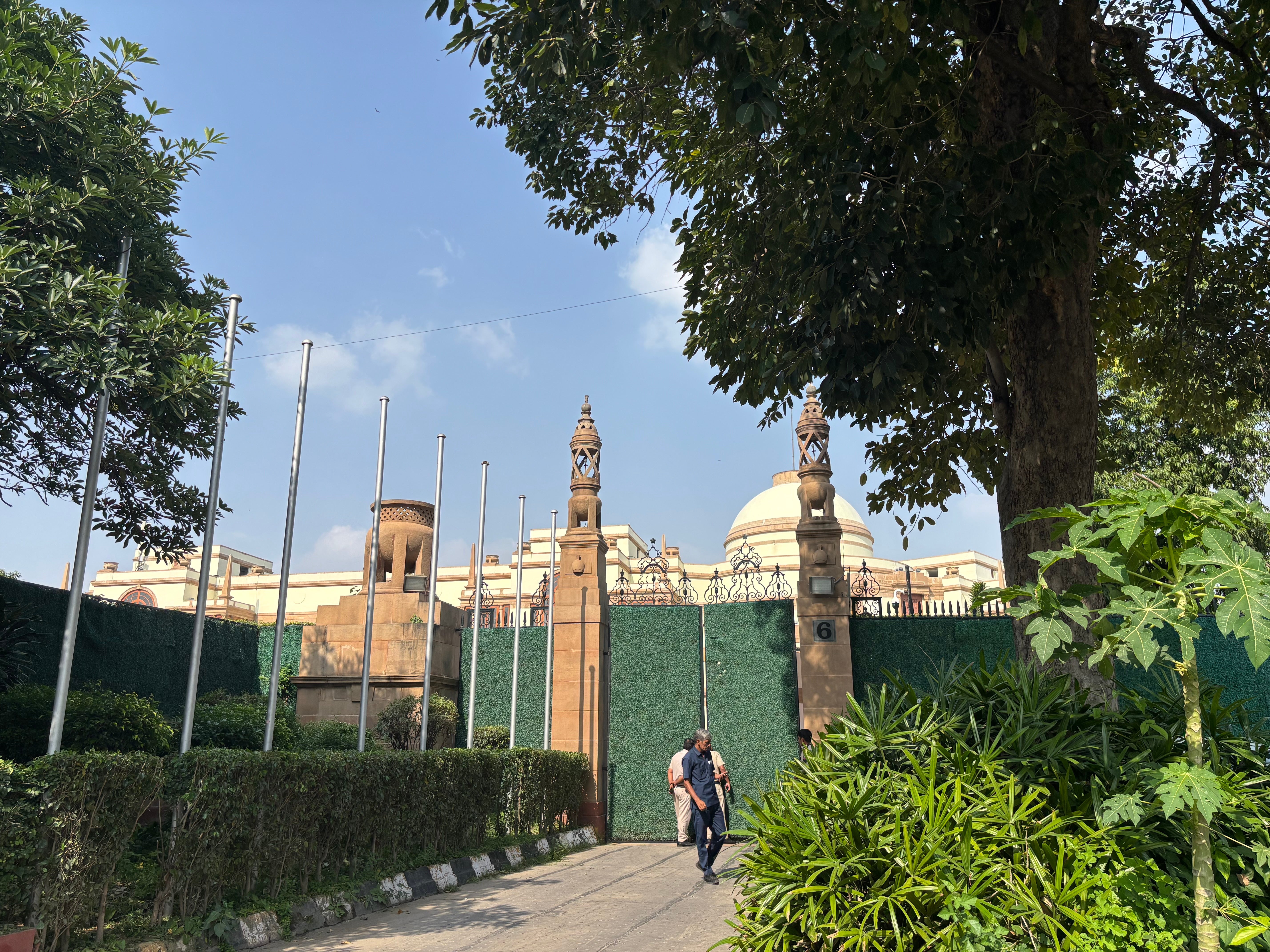A view of security arrangements outside Hyderabad House where India hosted the Taliban minister