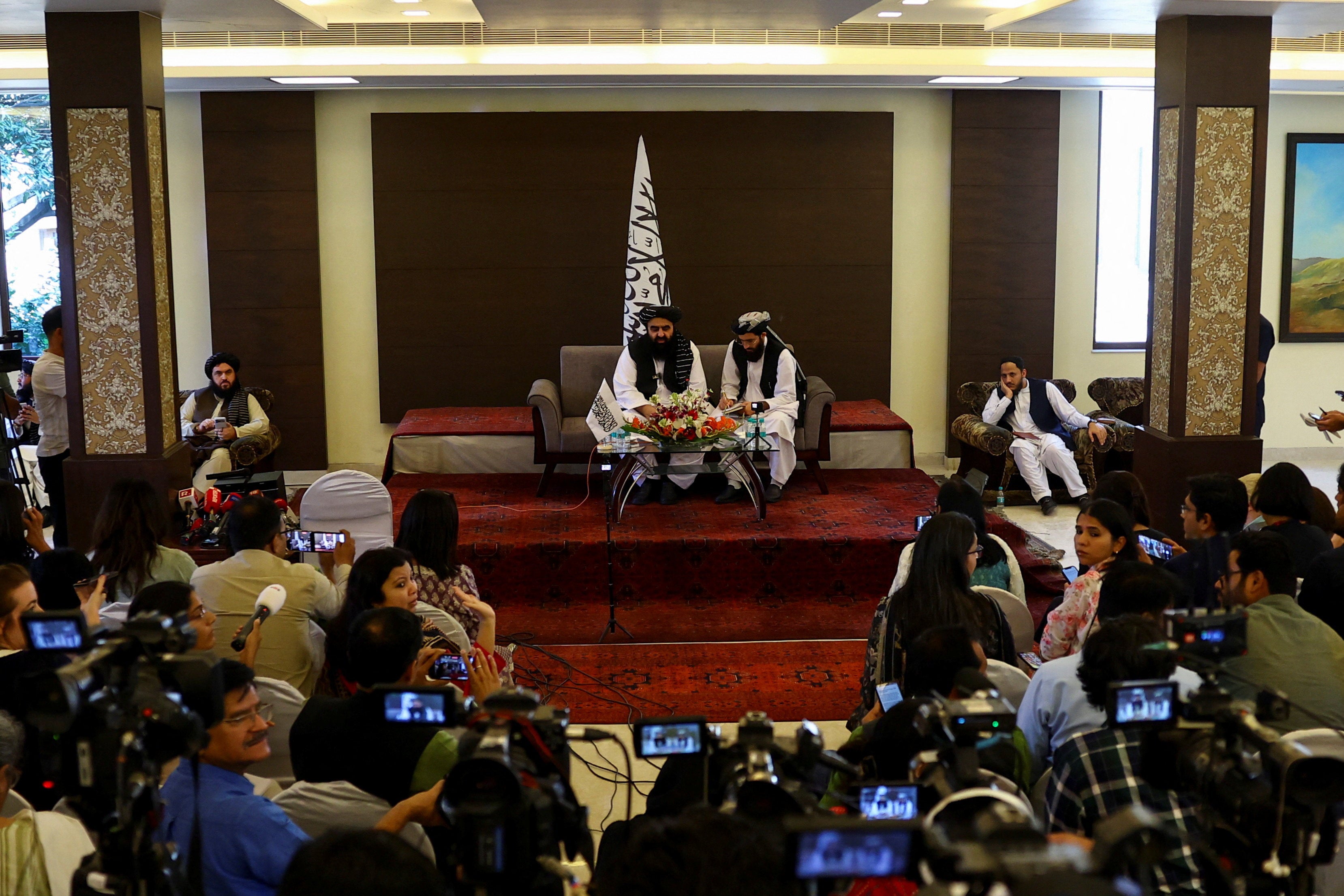 Taliban foreign minister Amir Khan Muttaqi attends a press conference in New Delhi