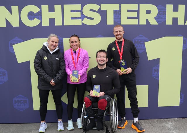 <p>Man City academy coach Izzy Christiansen poses with the Manchester Half winners</p>