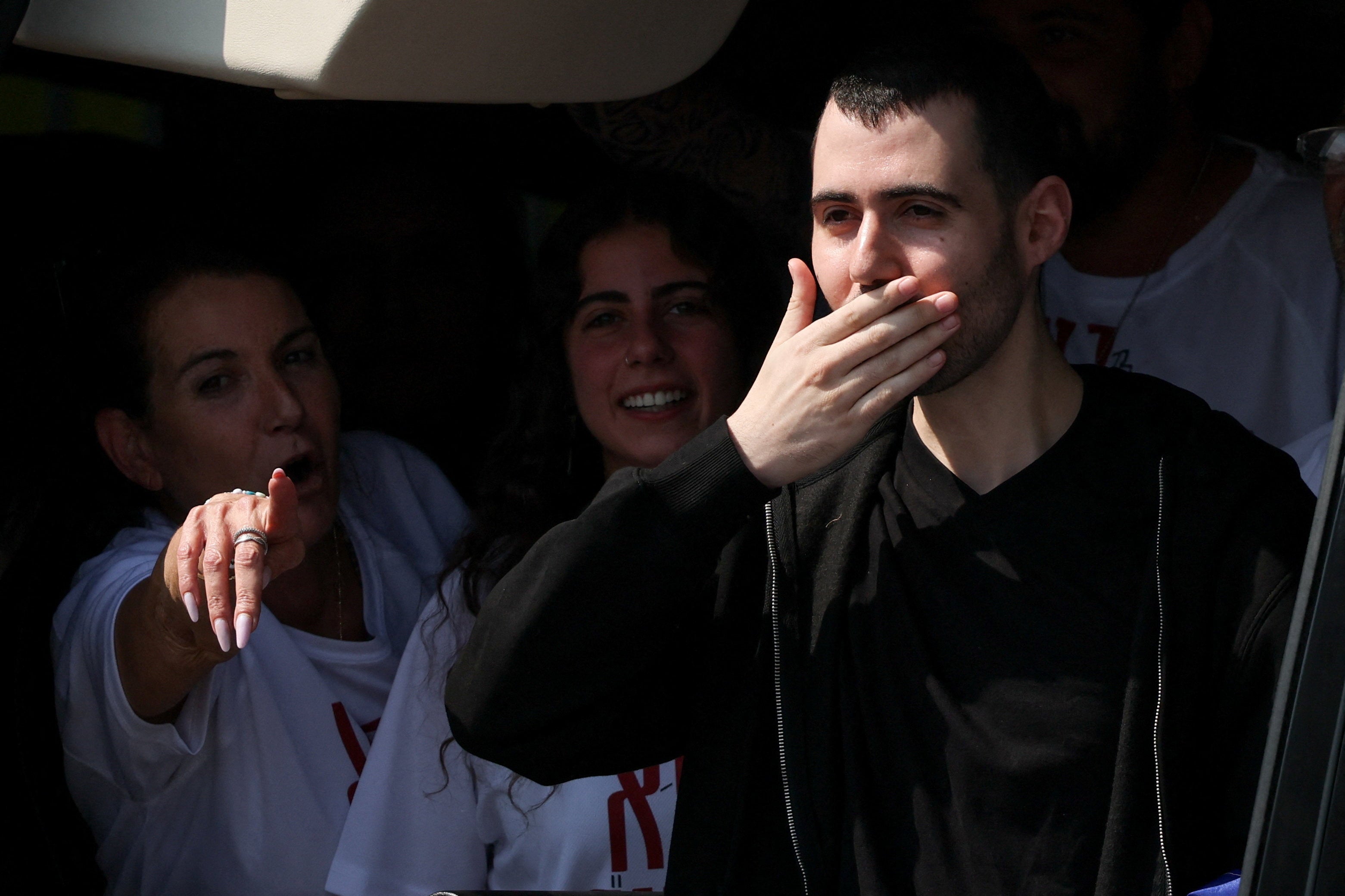 Gilboa-Dalal, who was kidnapped on 7 October by Hamas and taken to Gaza, reacts upon arrival at Rabin Medical Centre