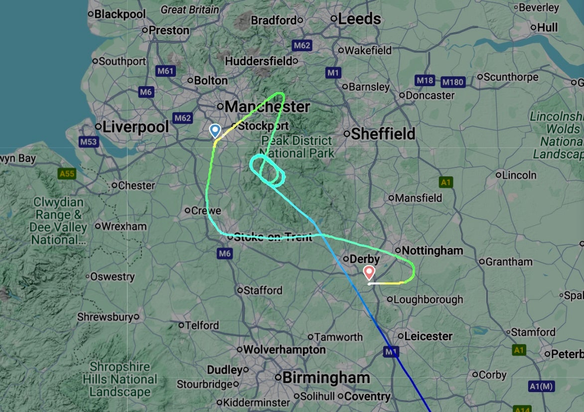 Circle game: Path of easyJet flight from Istanbul to Manchester which diverted to East Midlands airport