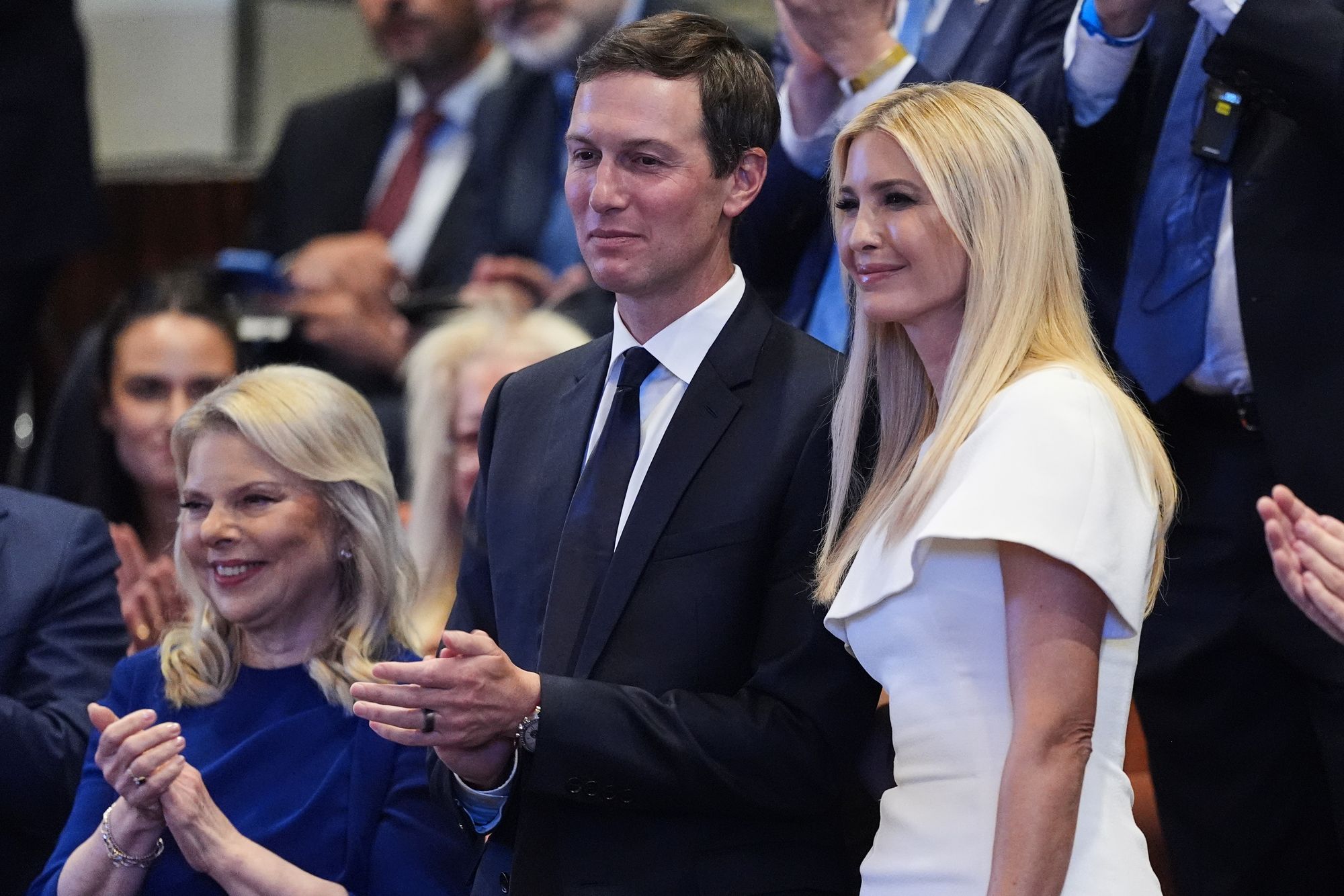 Jared Kushner and Ivanka Trump are recognized by President Donald Trump as he speaks in the Knesset, Israel's parliament, October 13, 2025.