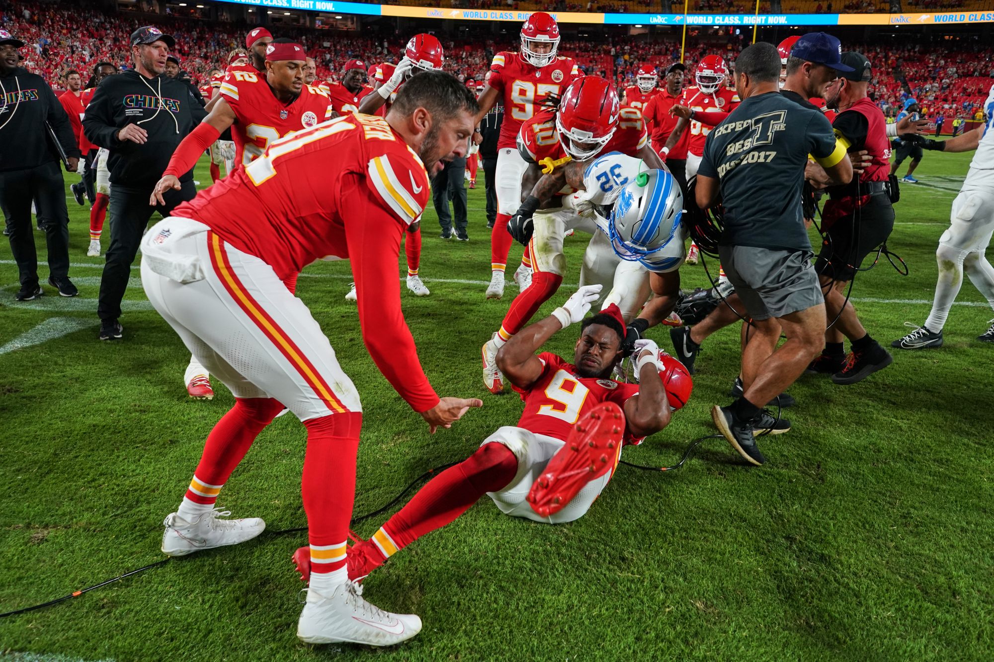 The fight broke out after the game concluded when one player on the Chiefs tried to high-five a Lions player. Instead the Lions’ Brian Branch slapped JuJu Smith-Schuster’s helmet.