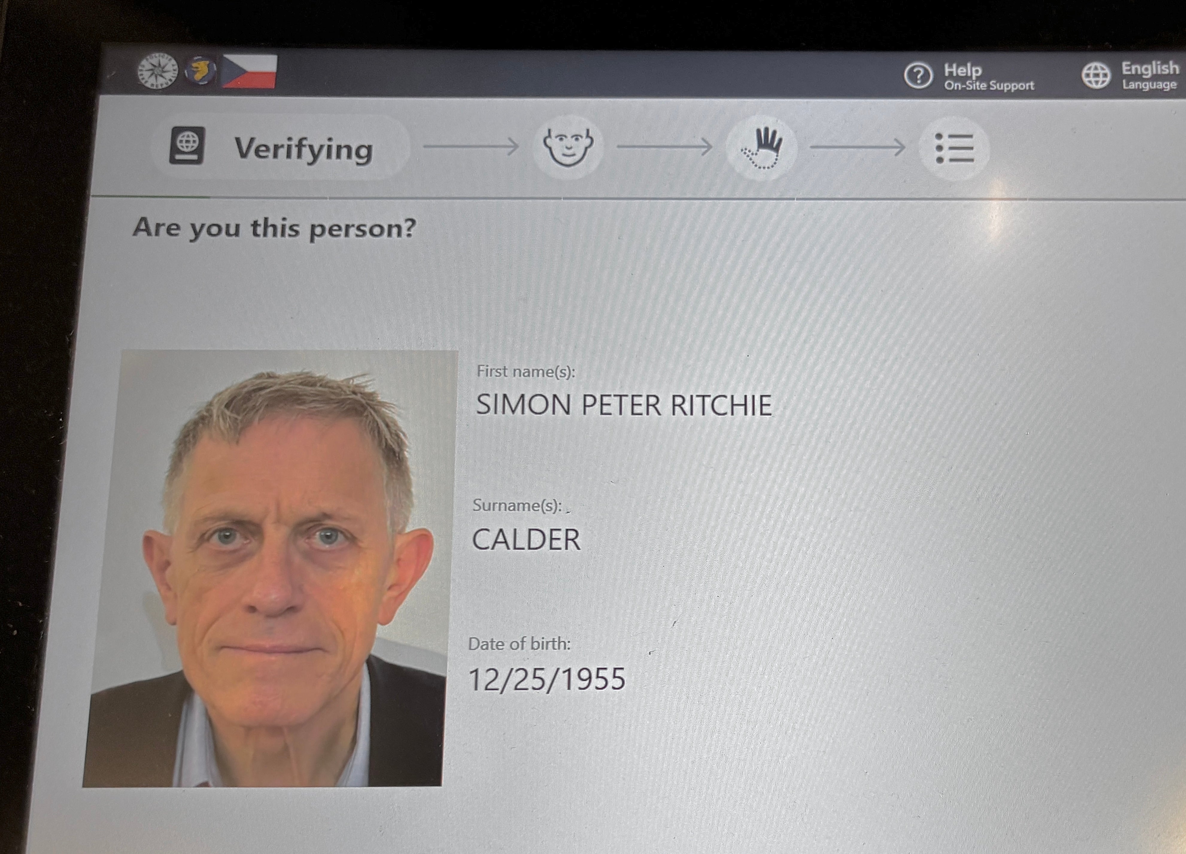 Wanted list? Screen question at entry-exit system kiosk at Prague airport