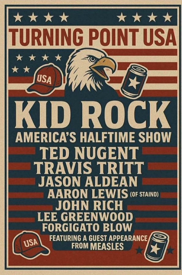 Besides the coterie of conservative musicians, the poster also promoted a ‘guest appearance’ by ‘Measles,’ which appears to be a reference to the anti-vaccine movement led by Robert F. Kennedy Jr., Trump's health secretary.