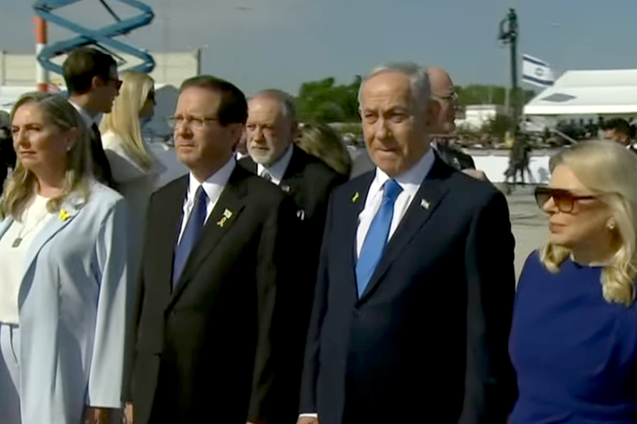 Israeli prime minister Benjamin Netanyahu (centre, right) and president Isaac Herzog (centre, left) await Trump’s arrival