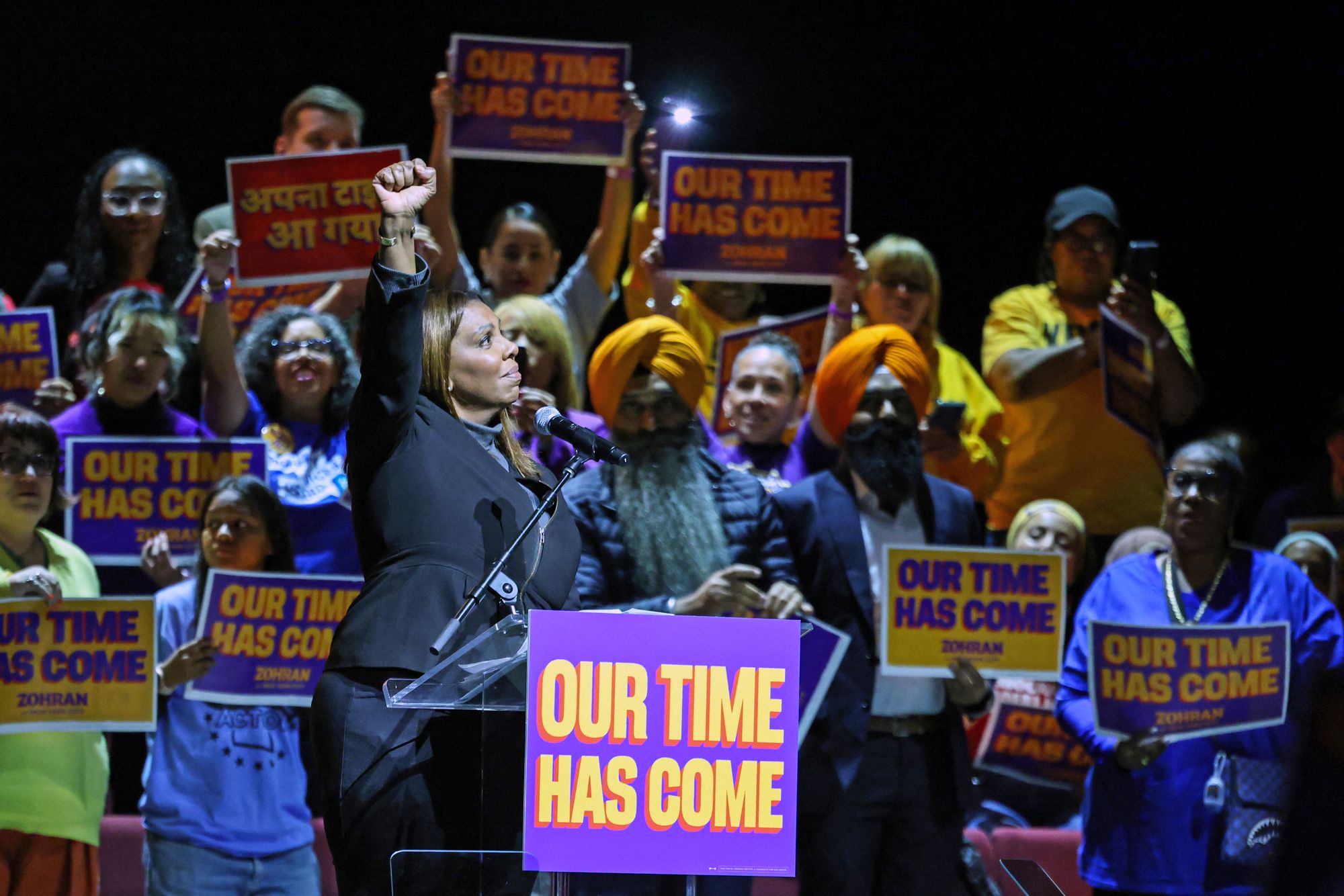 New York Attorney General Letitia James takes the stage at a rally for Zohran Mamdani in Washington Heights, New York, on Monday