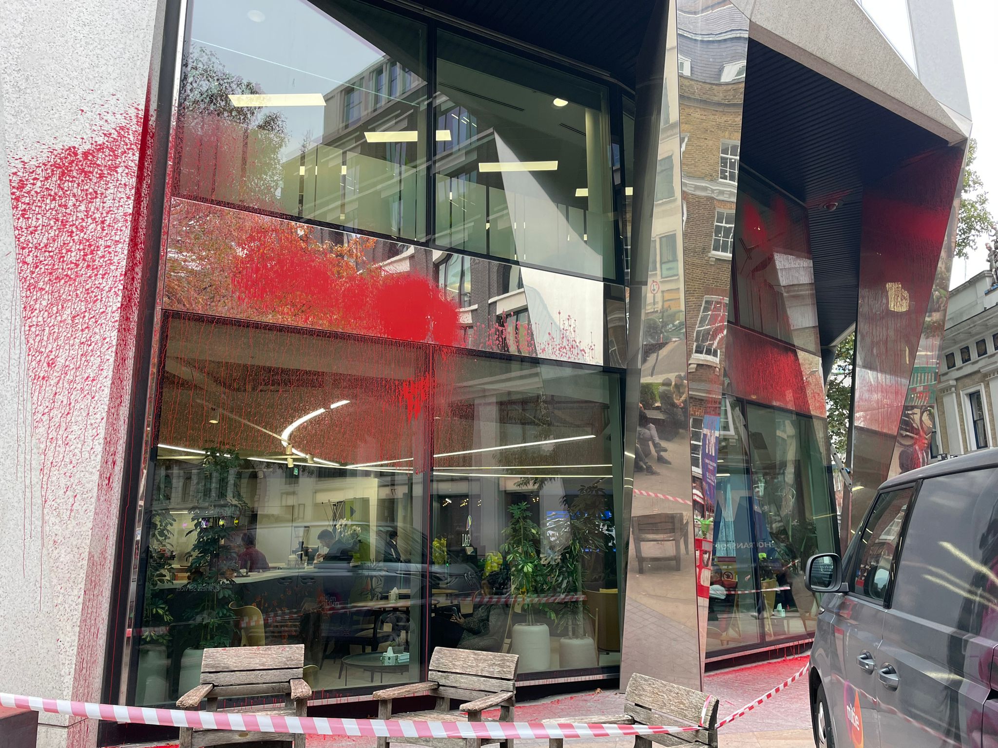The incident follows several reports of similar vandalism incidents at the offices of JP Morgan, Invesco and Barclays in the city recently