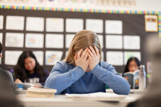 <p>Elementary school junior high girl student sitting at desk in classroom with hands on her face in frustration sadness anxiety worried</p>