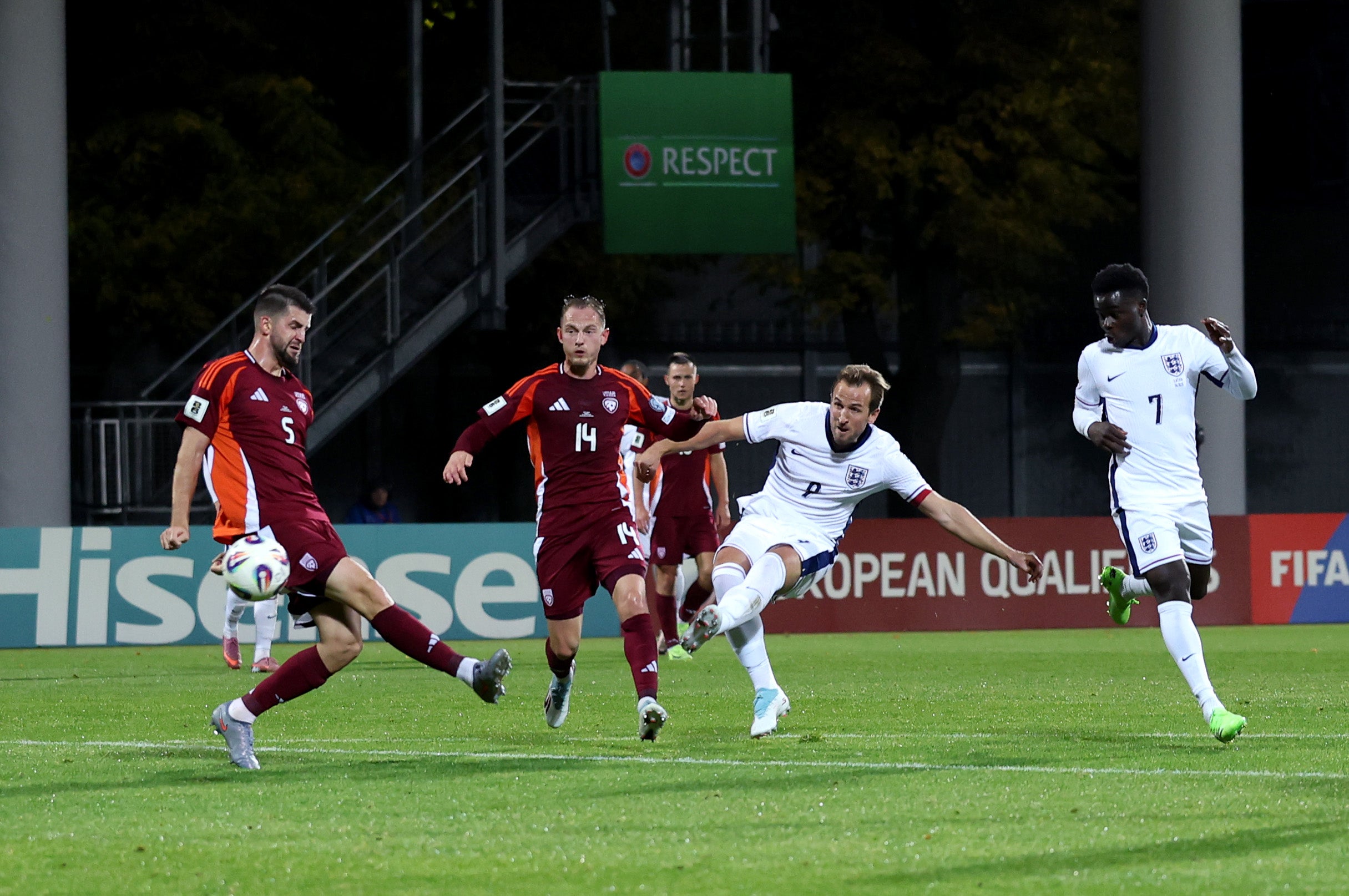 Kane scores his first, and England’s second, in Riga