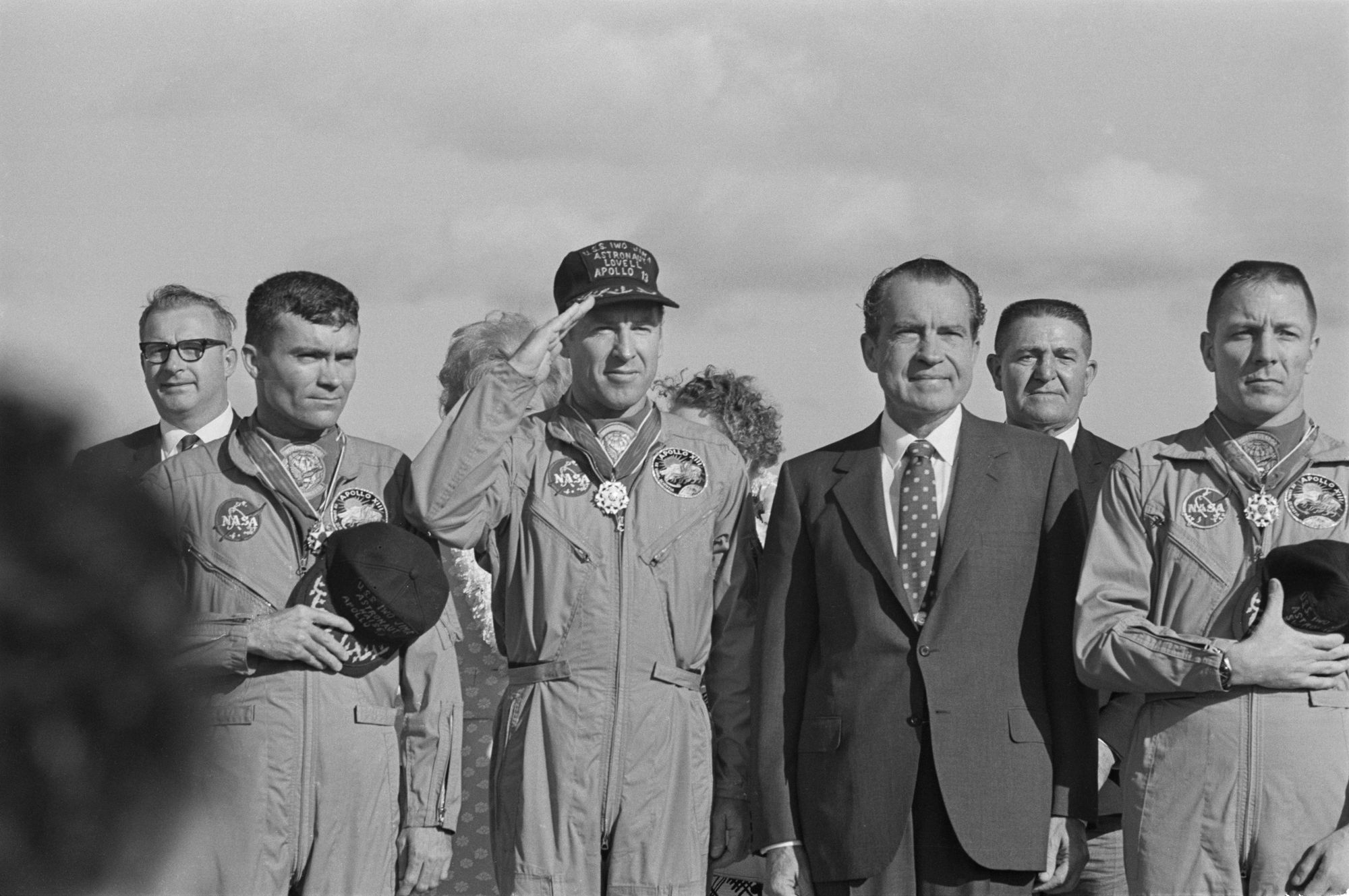 Then-President Richard Nixon meets the Apollo 13 astronauts in Honolulu, Hawaii, on April 23, 1970. In the front row, Fred Haise stands on the far left next to Jim Lovell, Nixon, and Jack Swigert
