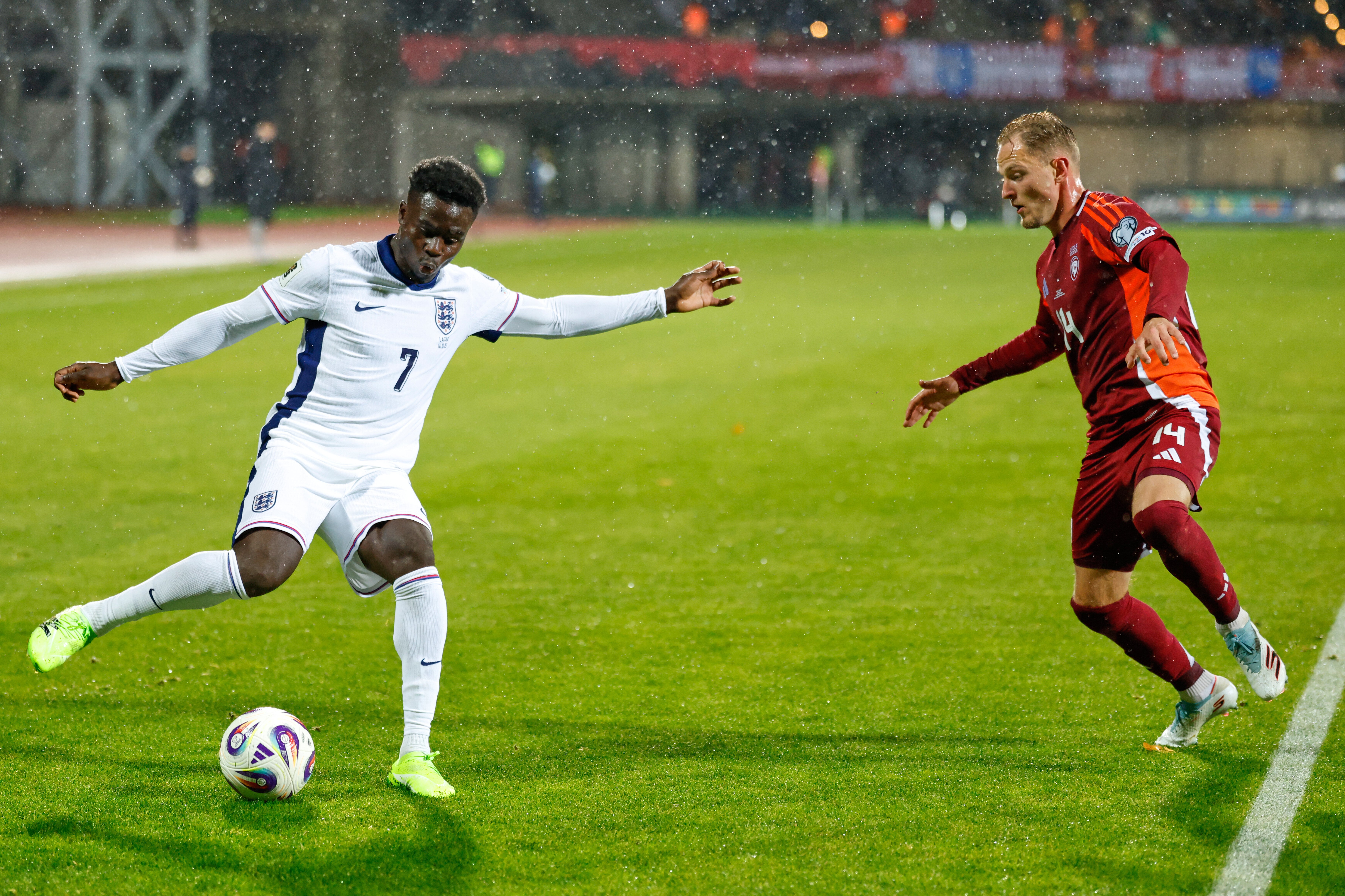 Bukayo Saka in action for England