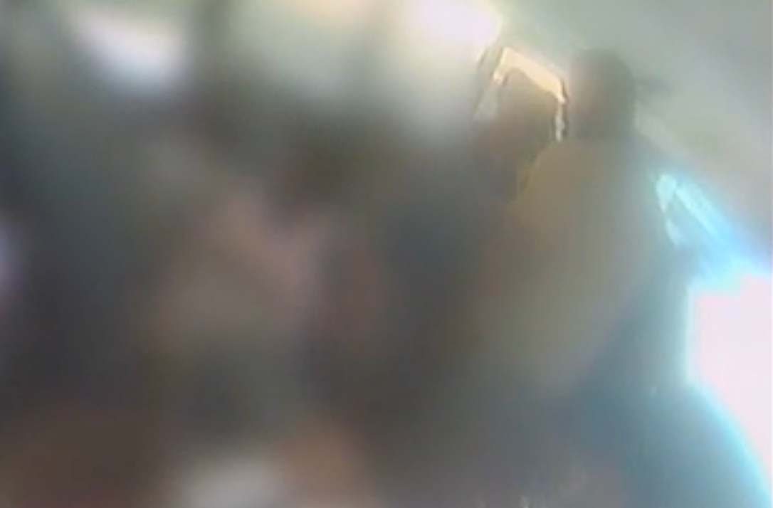 Blurry footage allegedly shows Maurice Fox encouraging his six-year-old daughter to repeatedly punch another child on a bus, telling her 'I want her crying.' The footage has been blurred to protect the identities of the children on the bus