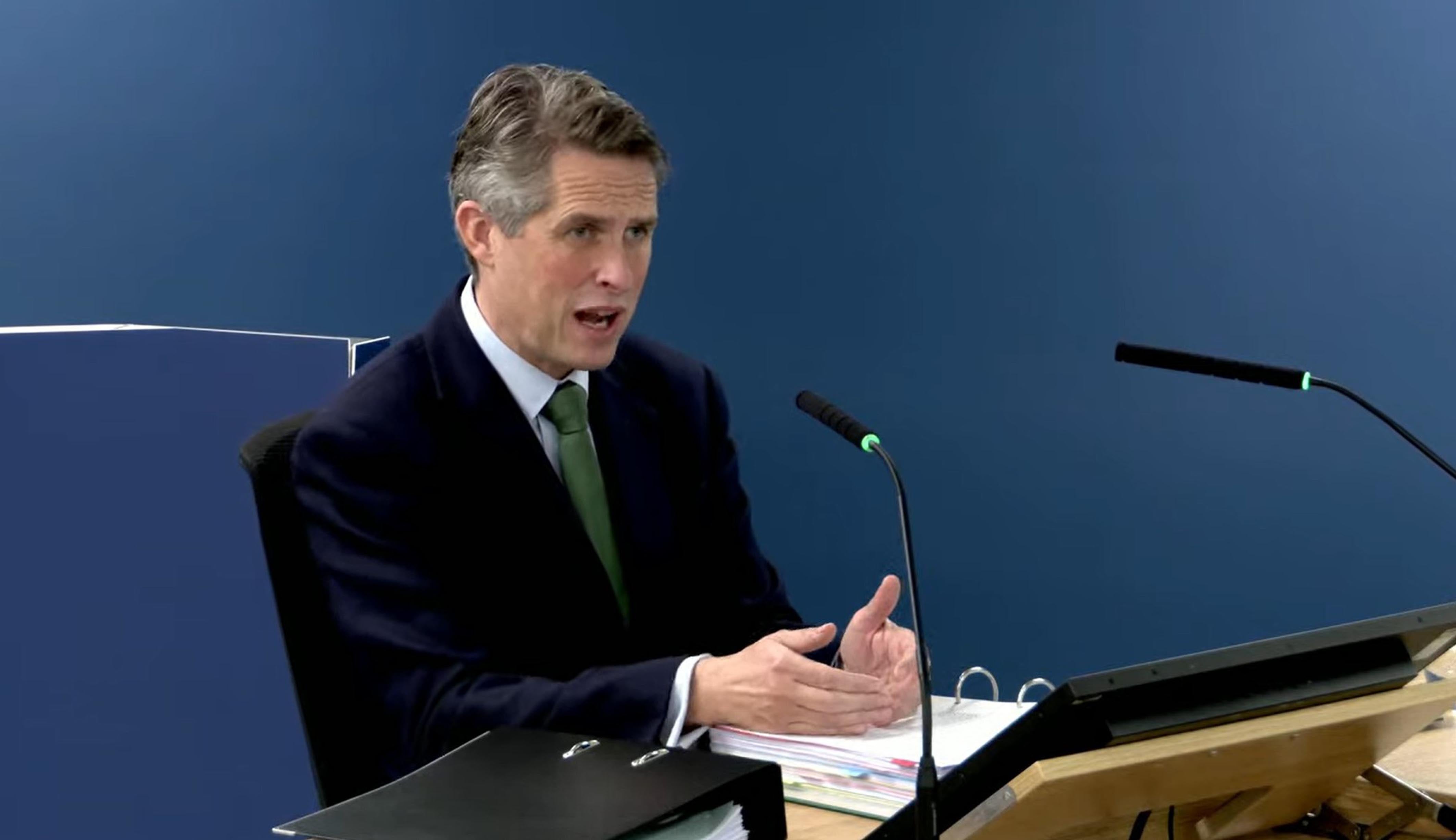 Screen grab from the UK Covid-19 Inquiry live stream of former education secretary Sir Gavin Williamson giving evidence for module 8 (children and young people) of the UK Covid-19 Inquiry, at Dorland House in London. Issue date: Tuesday October 14, 2025. PA Photo. Photo credit should read: UK Covid-19 Inquiry/PA Wire NOTE TO EDITORS: This handout photo may only be used for editorial reporting purposes for the contemporaneous illustration of events, things or the people in the image or facts mentioned in the caption. Reuse of the picture may require further permission from the copyright holder.
