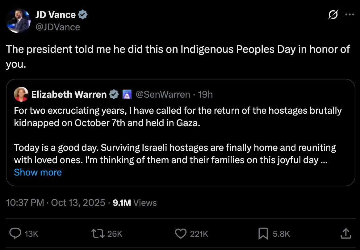 JD Vance mocked Elizabeth Warren's post which celebrated the return of the Israeli hostages