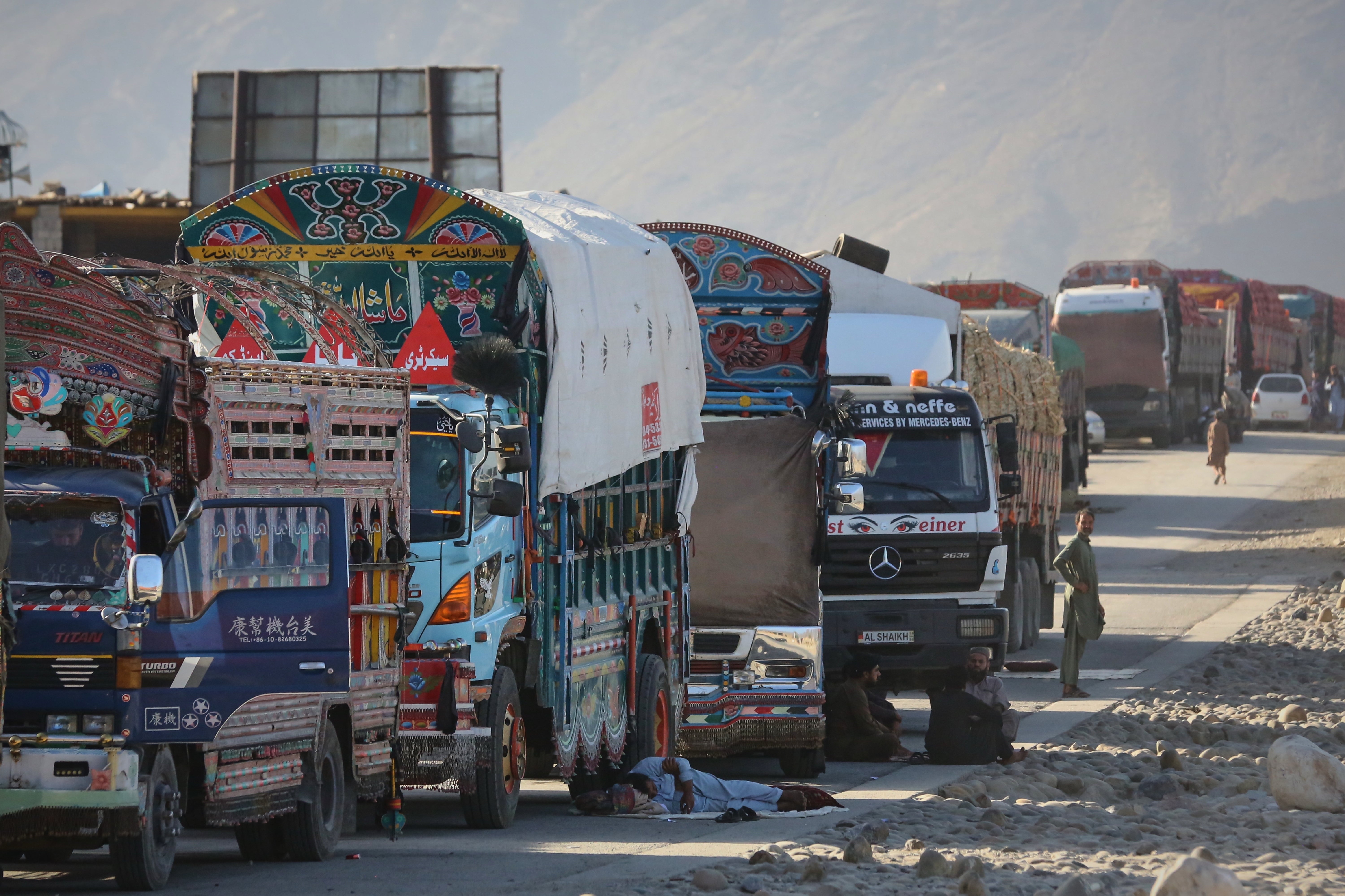 Cargo trucks bound for Pakistan are stranded on the Afghan side of the Torkham border crossing following military clashes between the neighbours