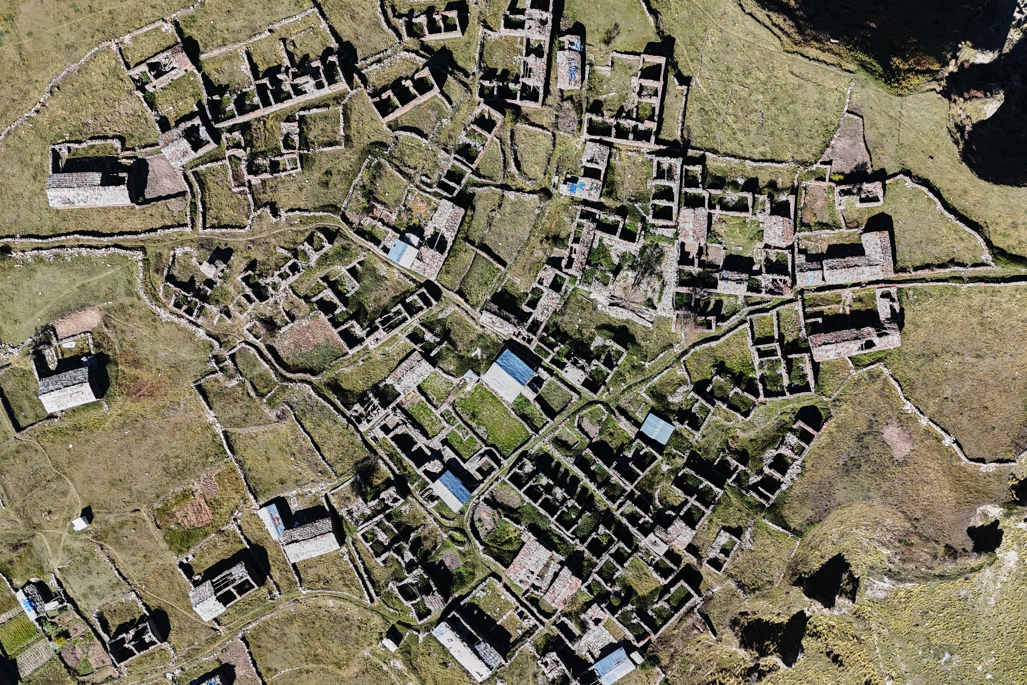 An aerial view shows the abandoned village