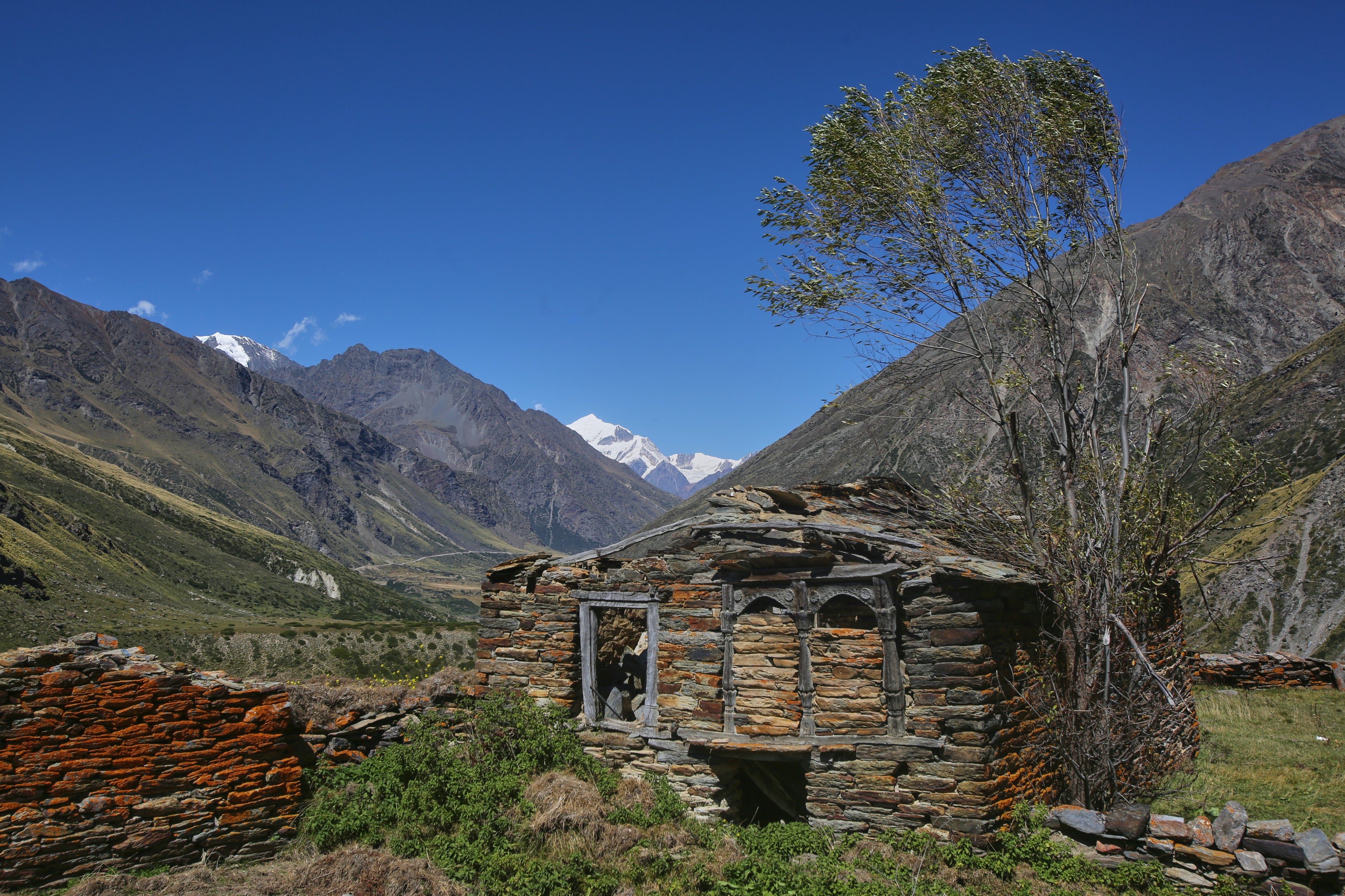Lichen grows on the stone walls of a structure in the abandoned village of Martoli