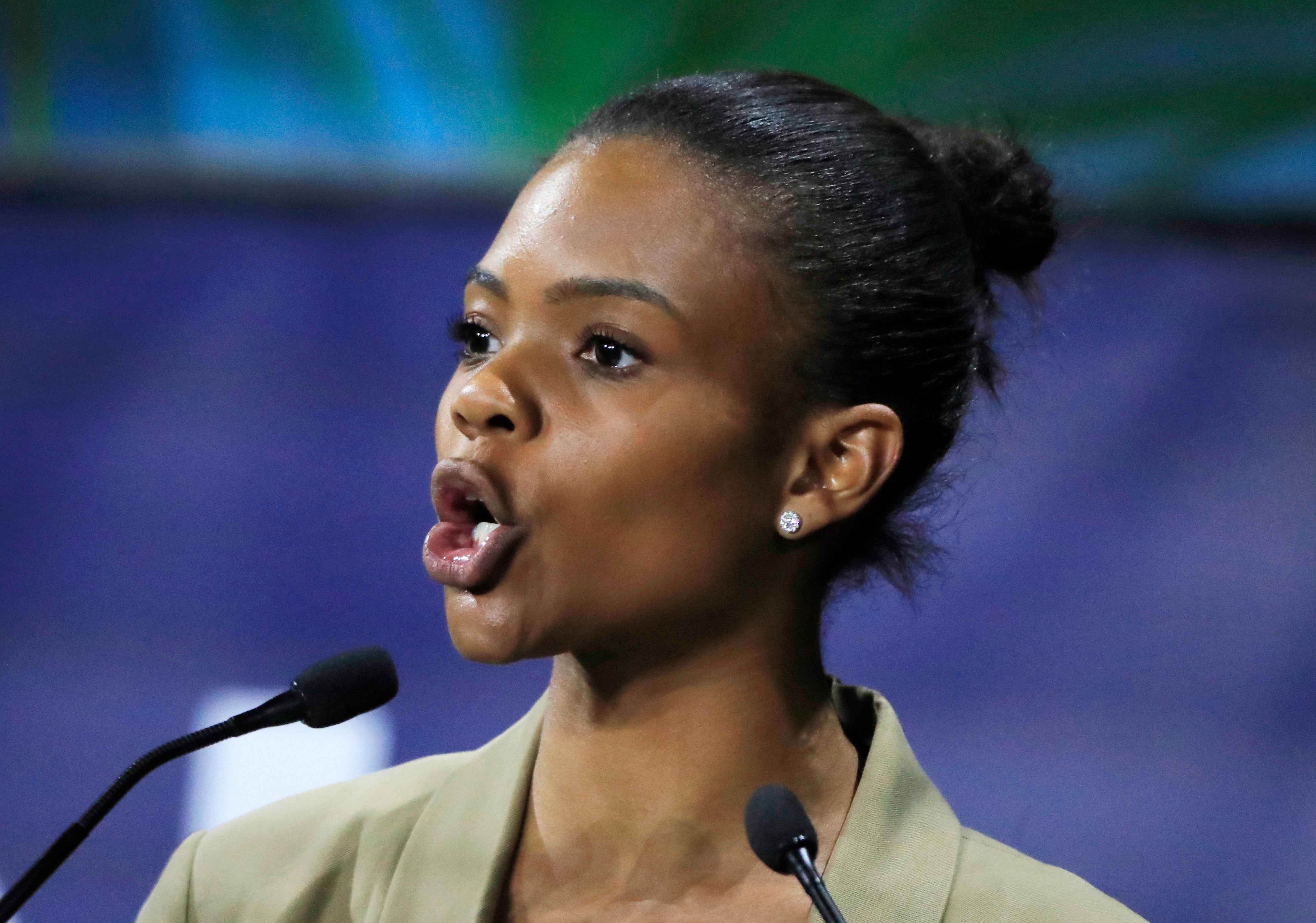 U.S. conservative commentator Candace Owens speaks at the Convention of the Right, in Paris, on Sept. 28, 2019. (AP Photo/Michel Euler, FILE)