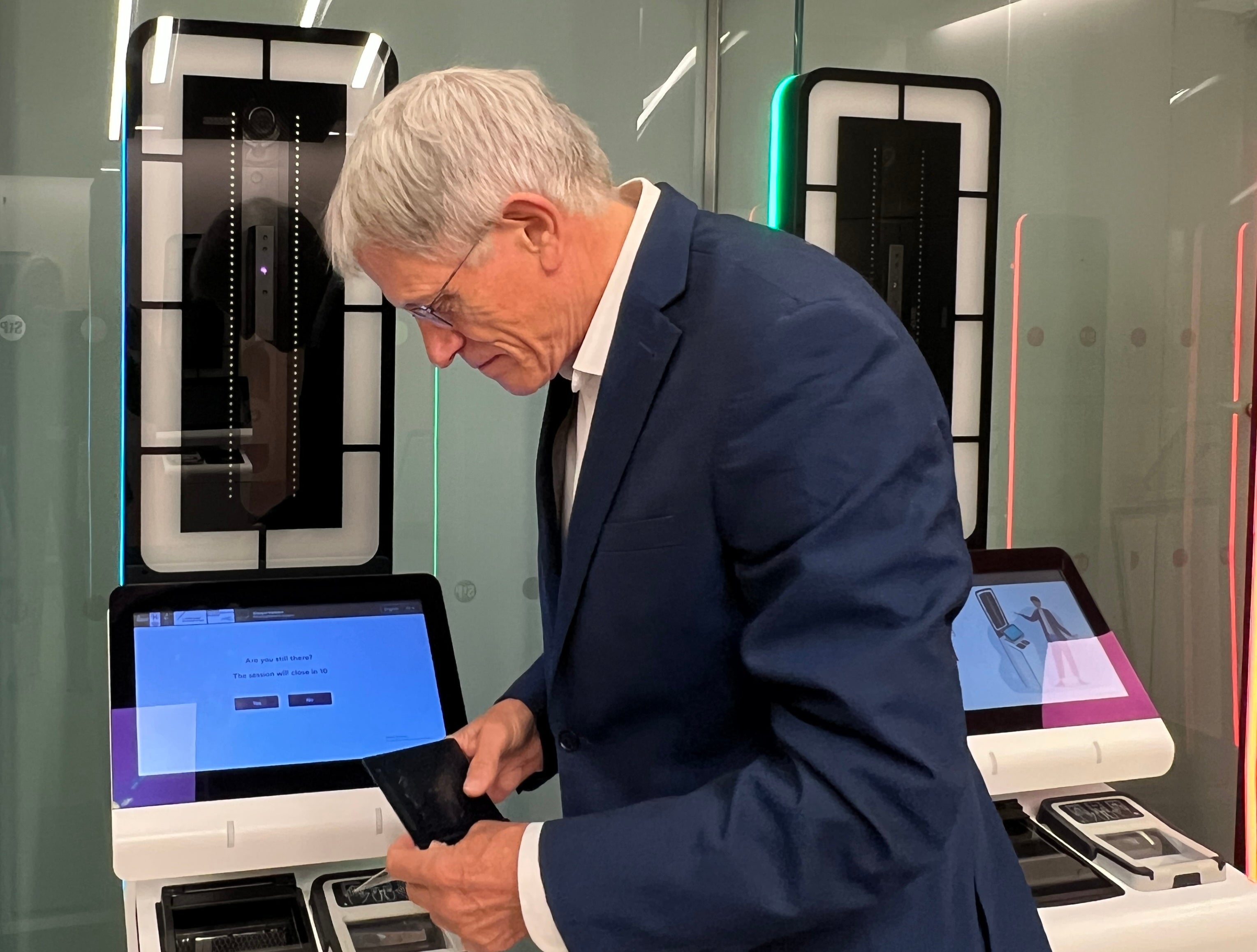 Simon Calder at an entry-exit system kiosk at London St Pancras International