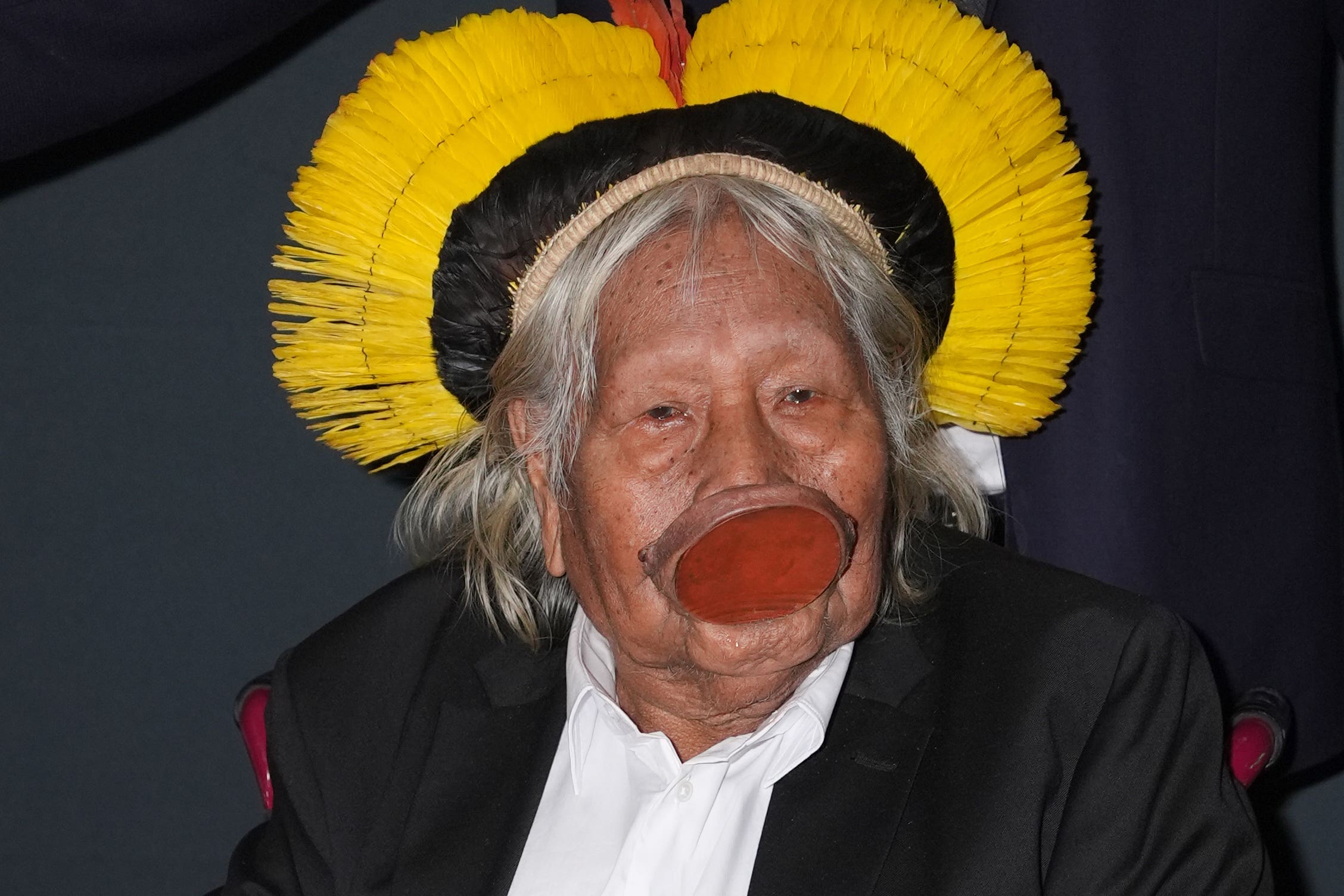 Indigenous leader of Brazil’s Kayapo people Chief Raoni Metuktire met the King (Jonathan Brady/PA)