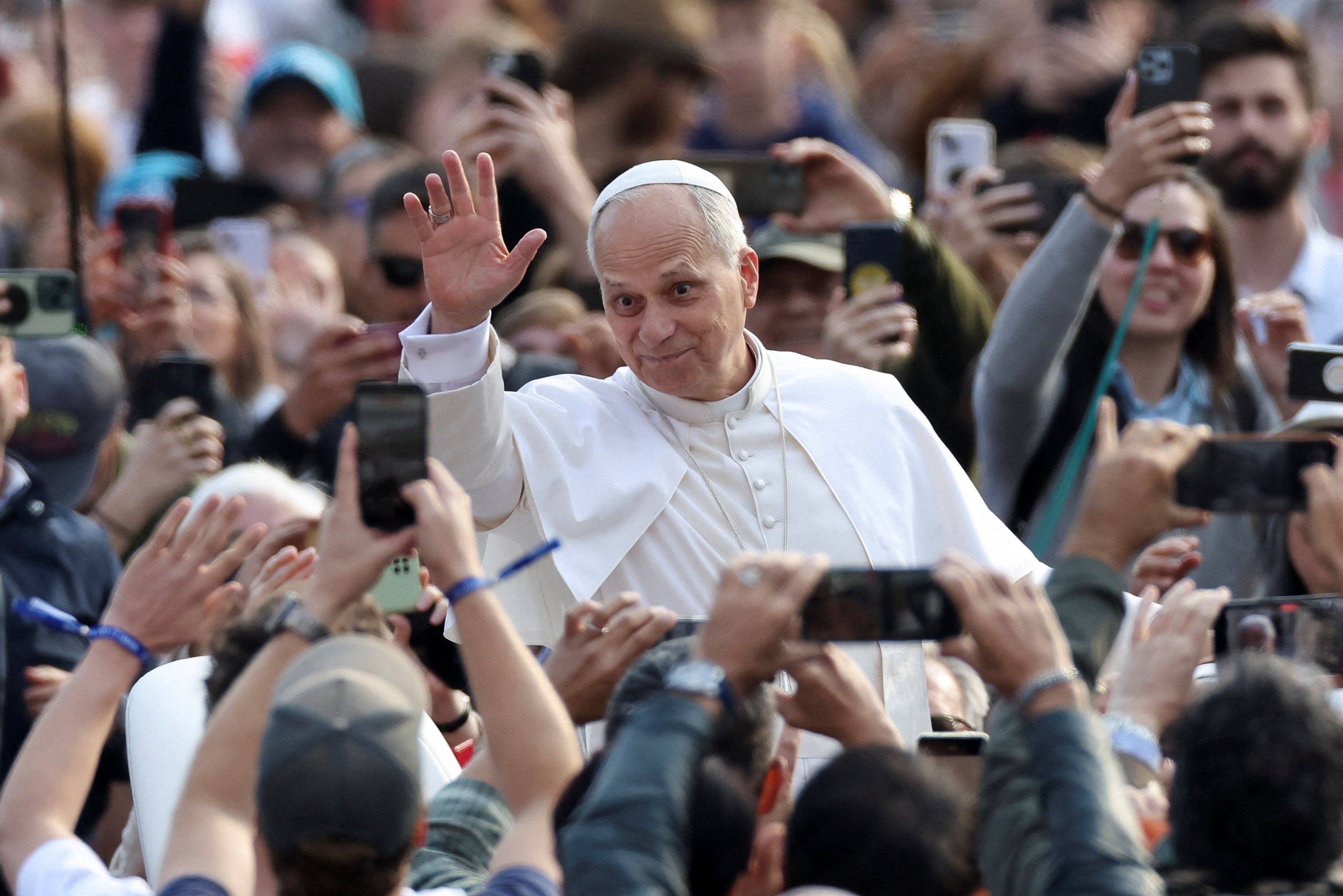 <p>Pope Leo XIV gestures on the day of a general audience in Saint Peter's Square at the Vatican, October 15, 2025</p>