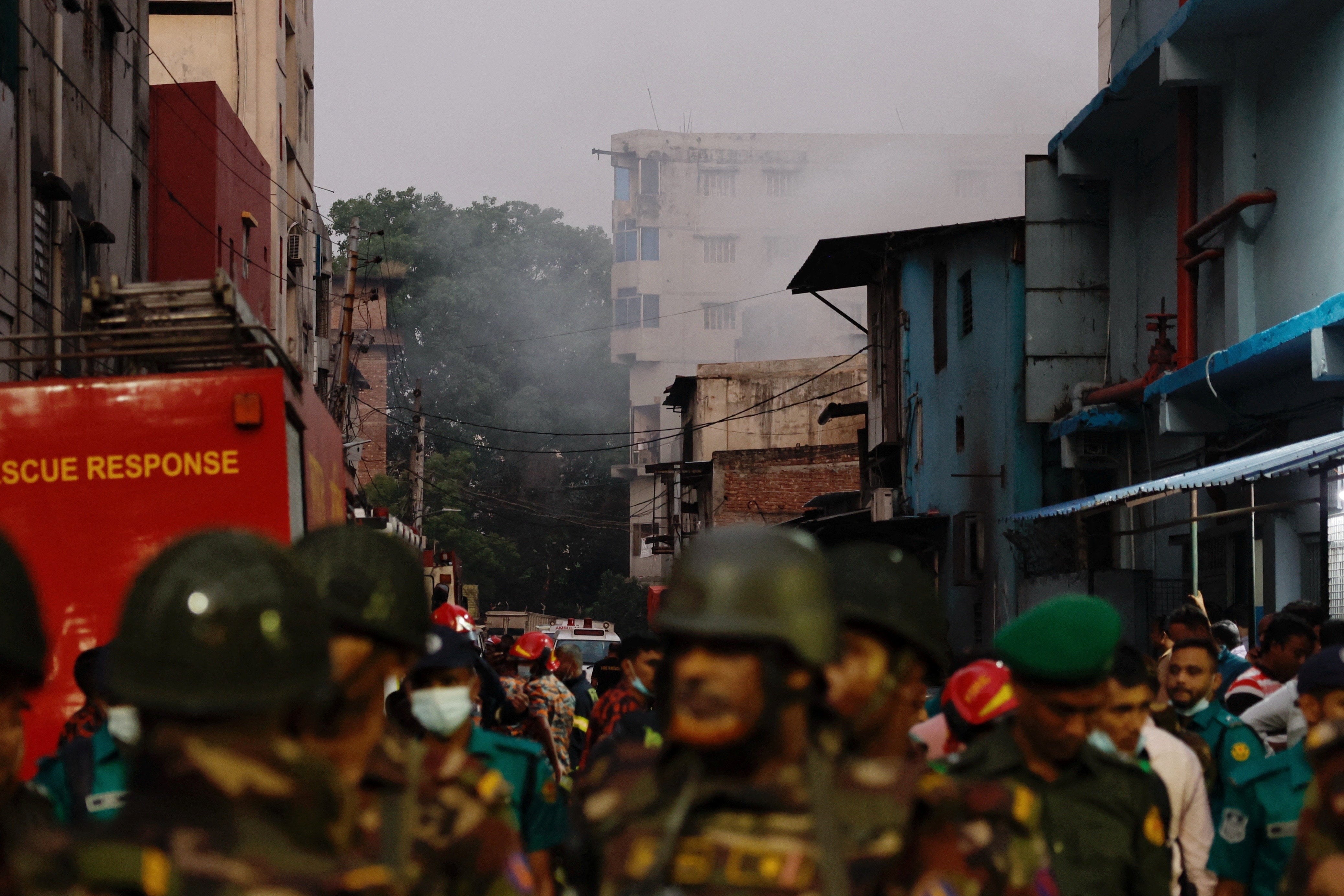 Smoke rises from the building in Dhaka, Bangladesh