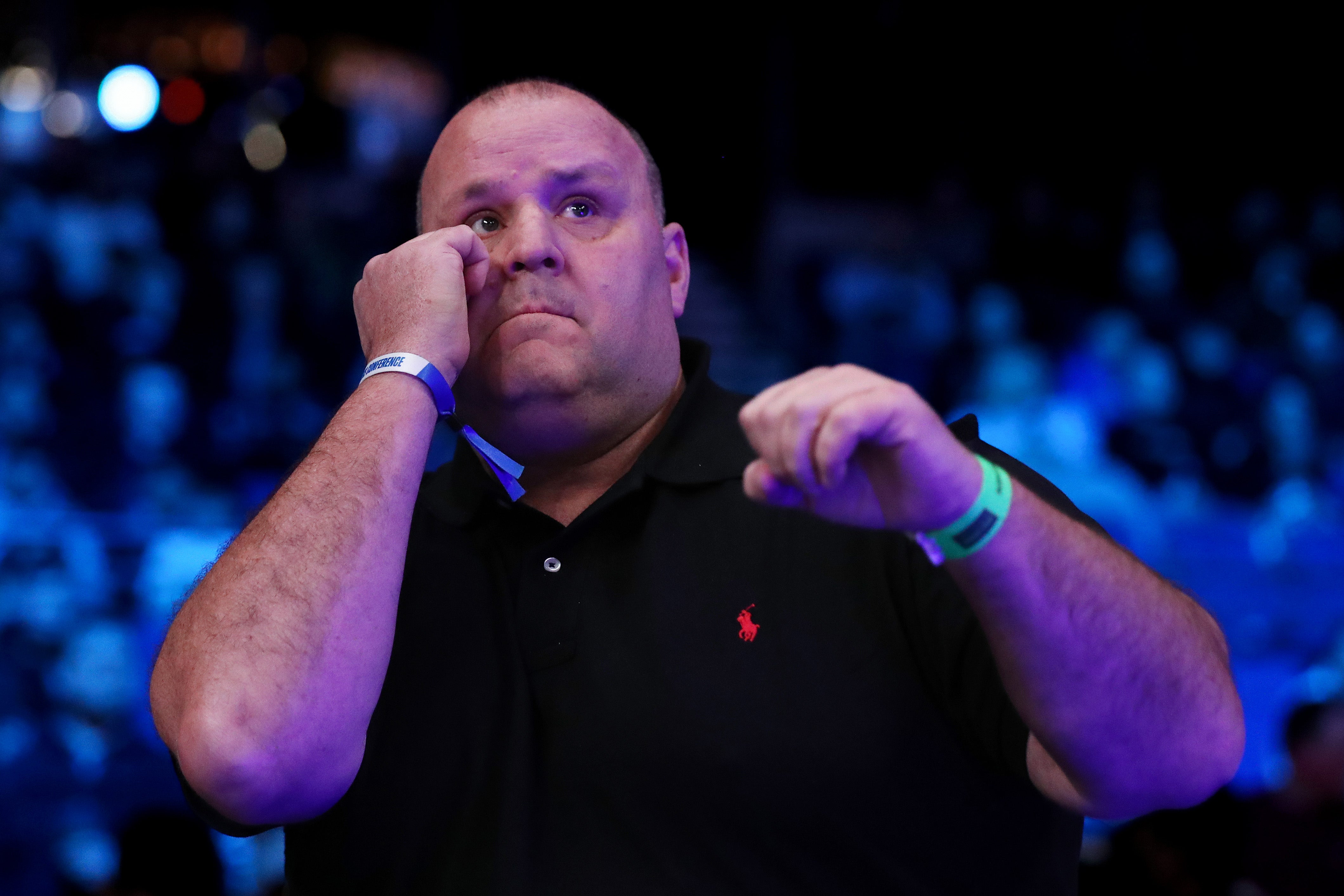 John Fisher, also known as 'Big John', reacts during the Heavyweight fight between Johnny Fisher and Alfonso Damiani at M&S Bank Arena on March 11, 2023 in Liverpool, England. (Photo by Lewis Storey/Getty Images)