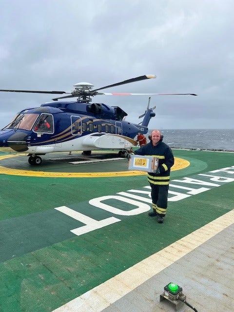 It was flown from the oil rig to the mainland on a helicopter