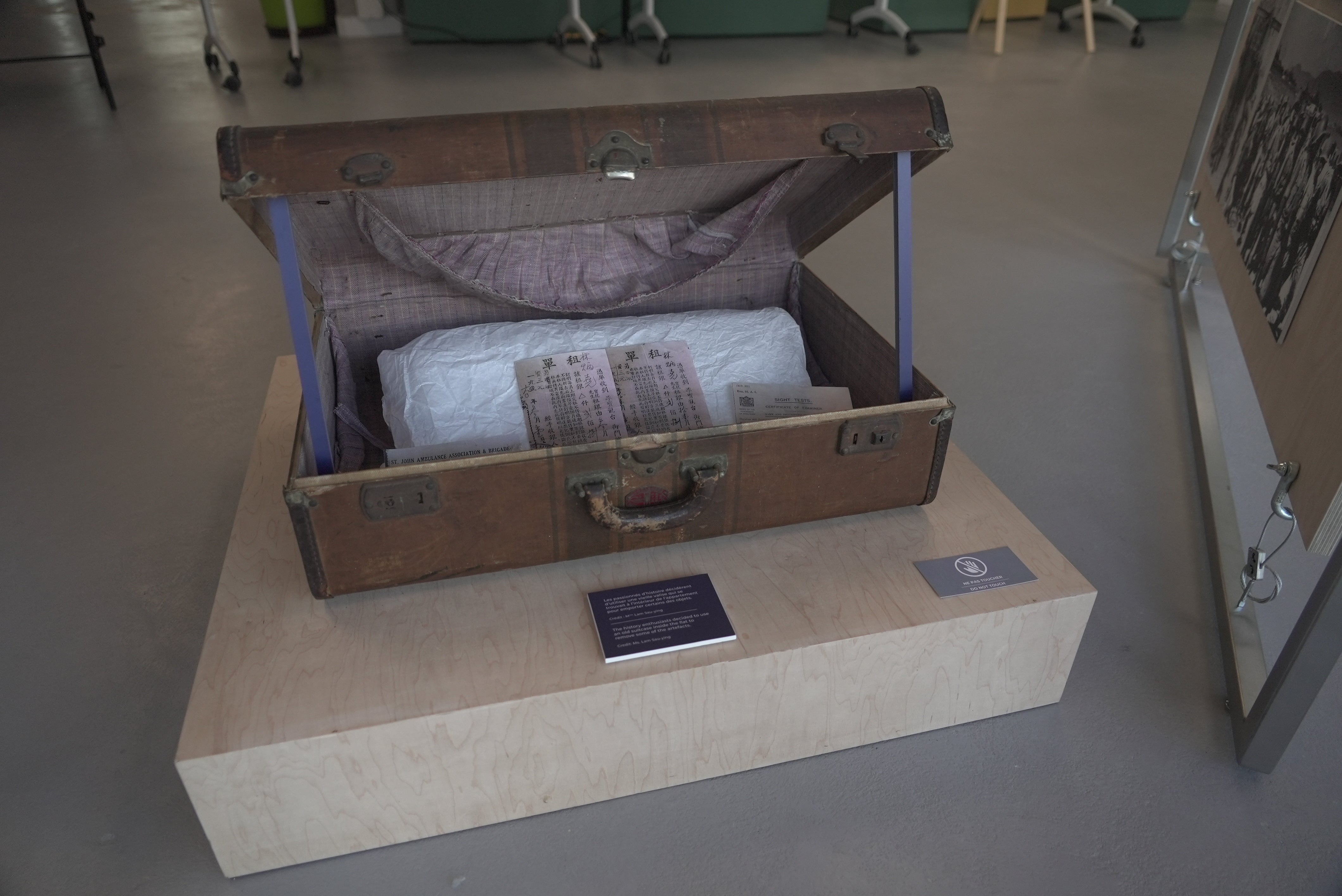 A suitcase recovered from an abandoned Hong Kong apartment, where a World War II diary written by Chinese naval officer Lam Ping-yu was also found, is exhibited in Ouistreham, France, Oct. 4, 2025 . (AP Photo/John Leicester)