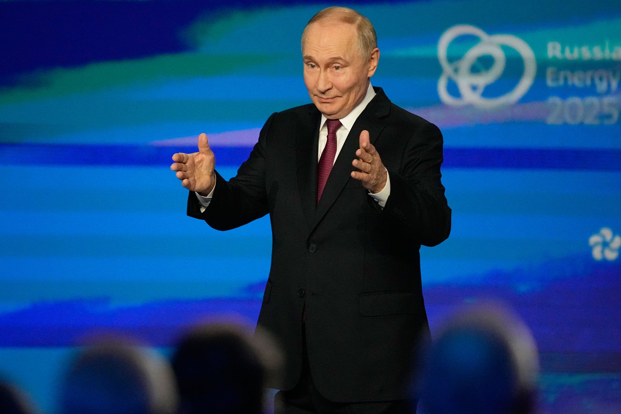 Russian President Vladimir Putin gestures during a plenary session of the Russian Energy Week forum at Moscow Manege in Moscow, Russia, Thursday, Oct. 16, 2025. (AP Photo/Alexander Zemlianichenko, Pool)